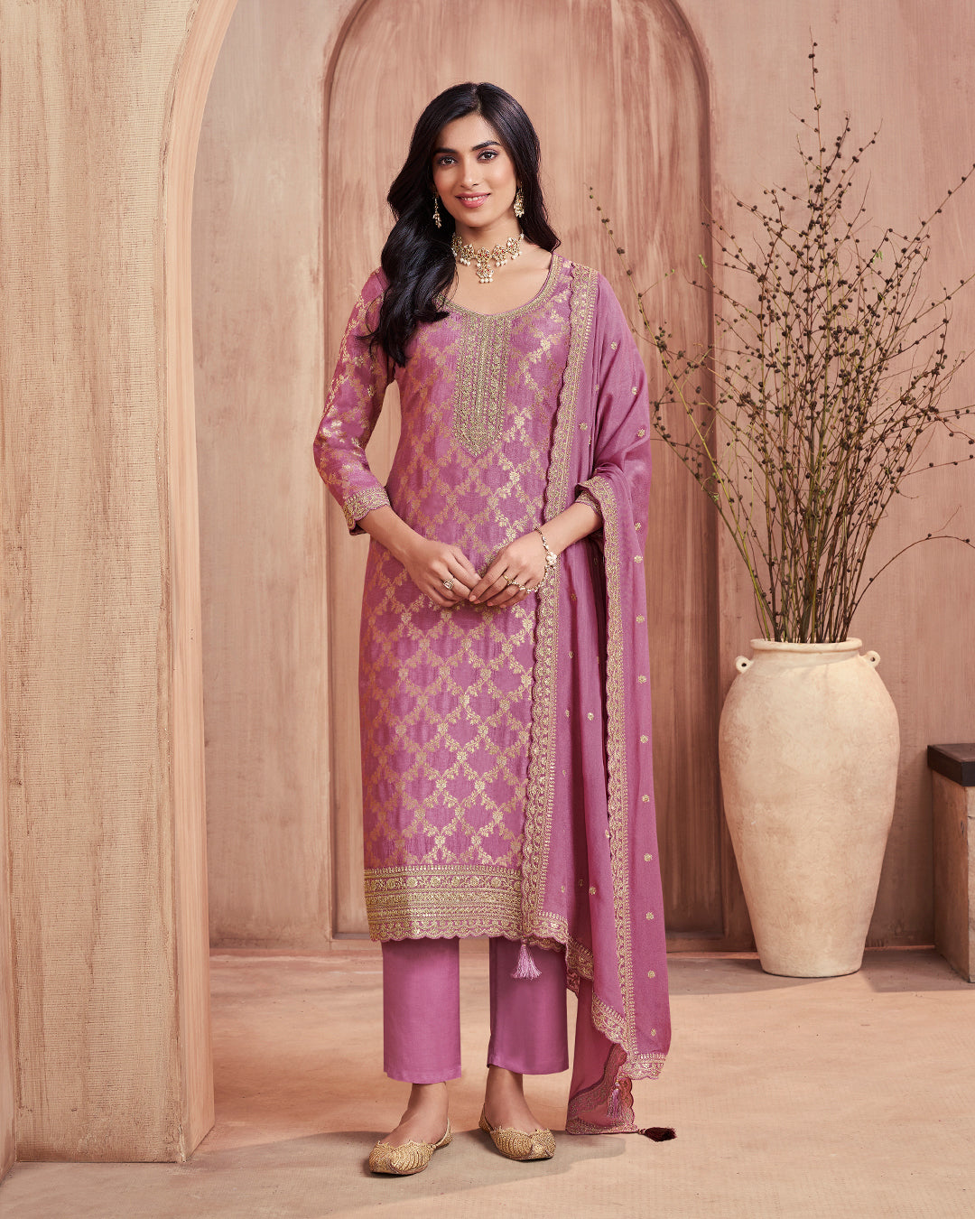 Mist Glow Embellished Dola Silk Pant Set