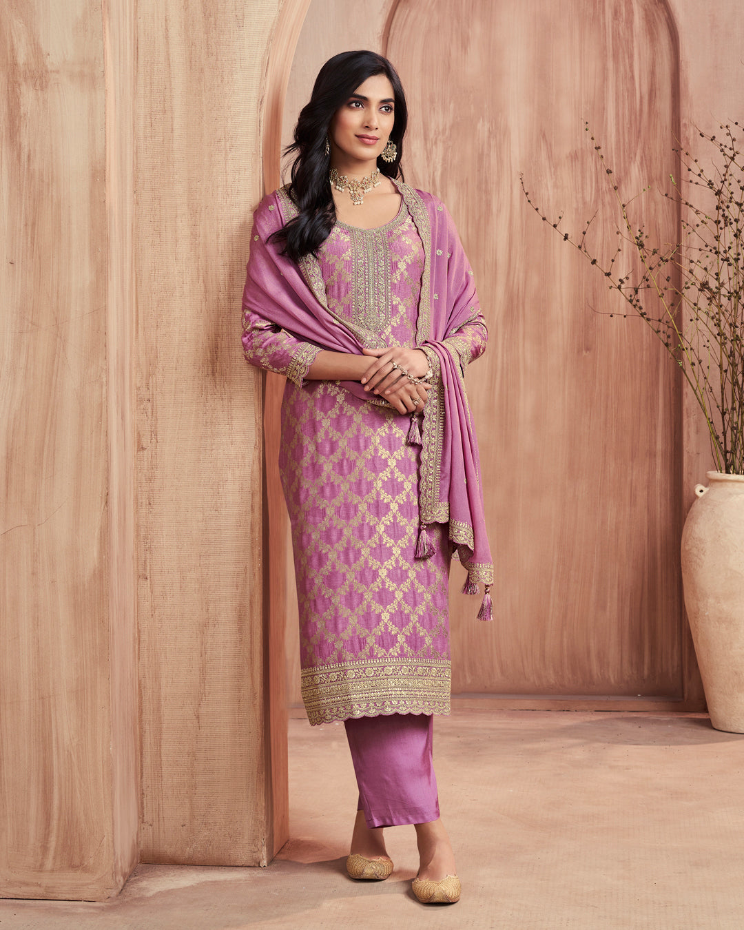 Mist Glow Embellished Dola Silk Pant Set