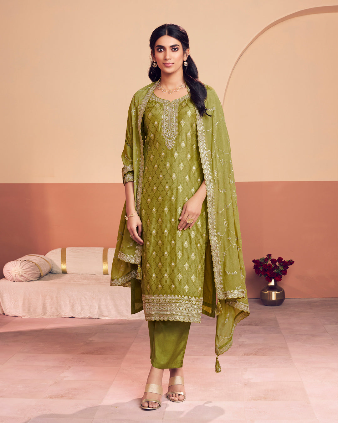 Earthy Aura Embellished Dola Silk Pant Set