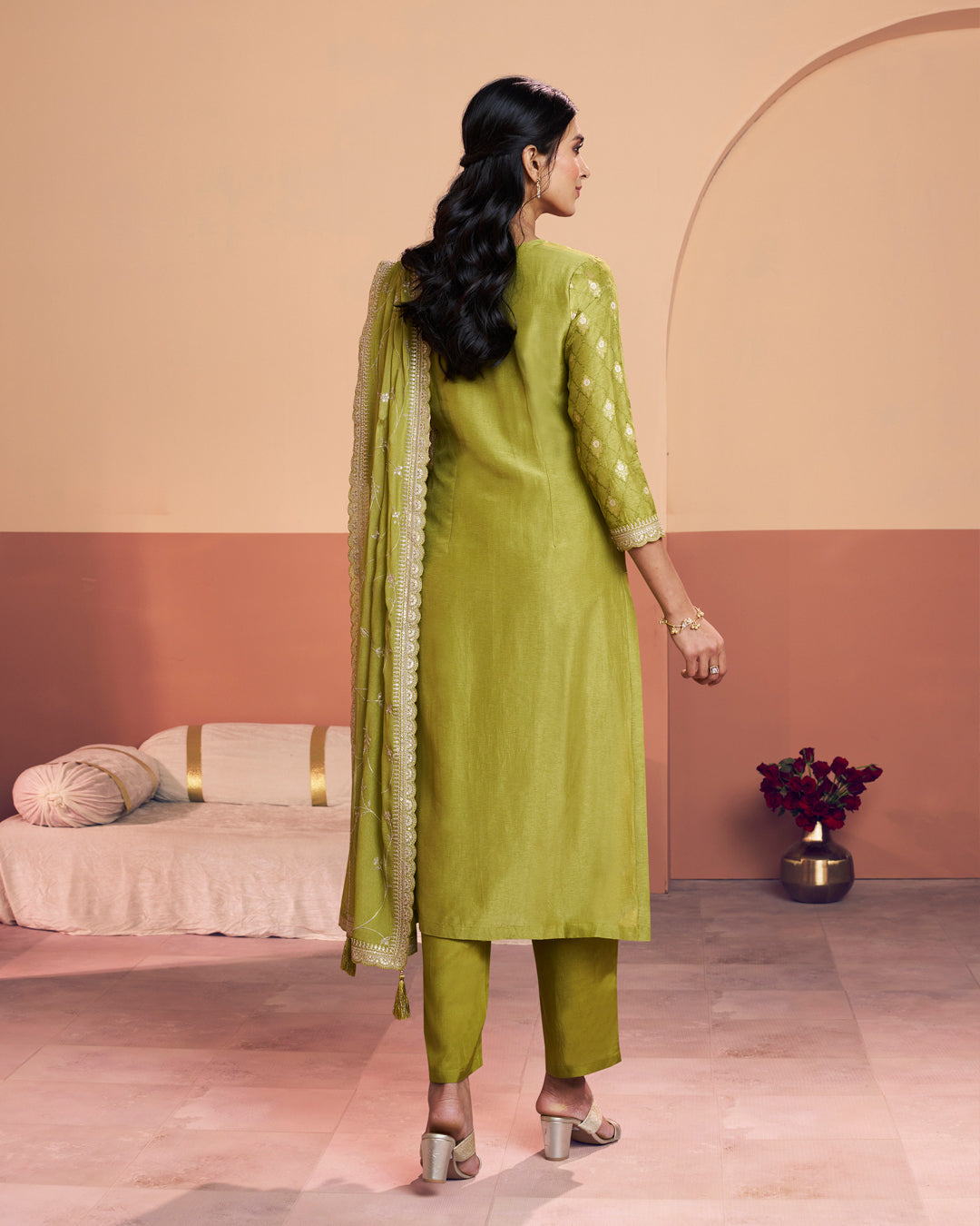 Earthy Aura Embellished Dola Silk Pant Set