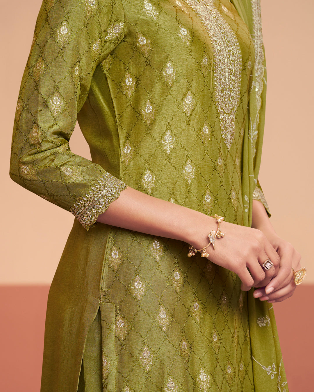 Earthy Aura Embellished Dola Silk Pant Set