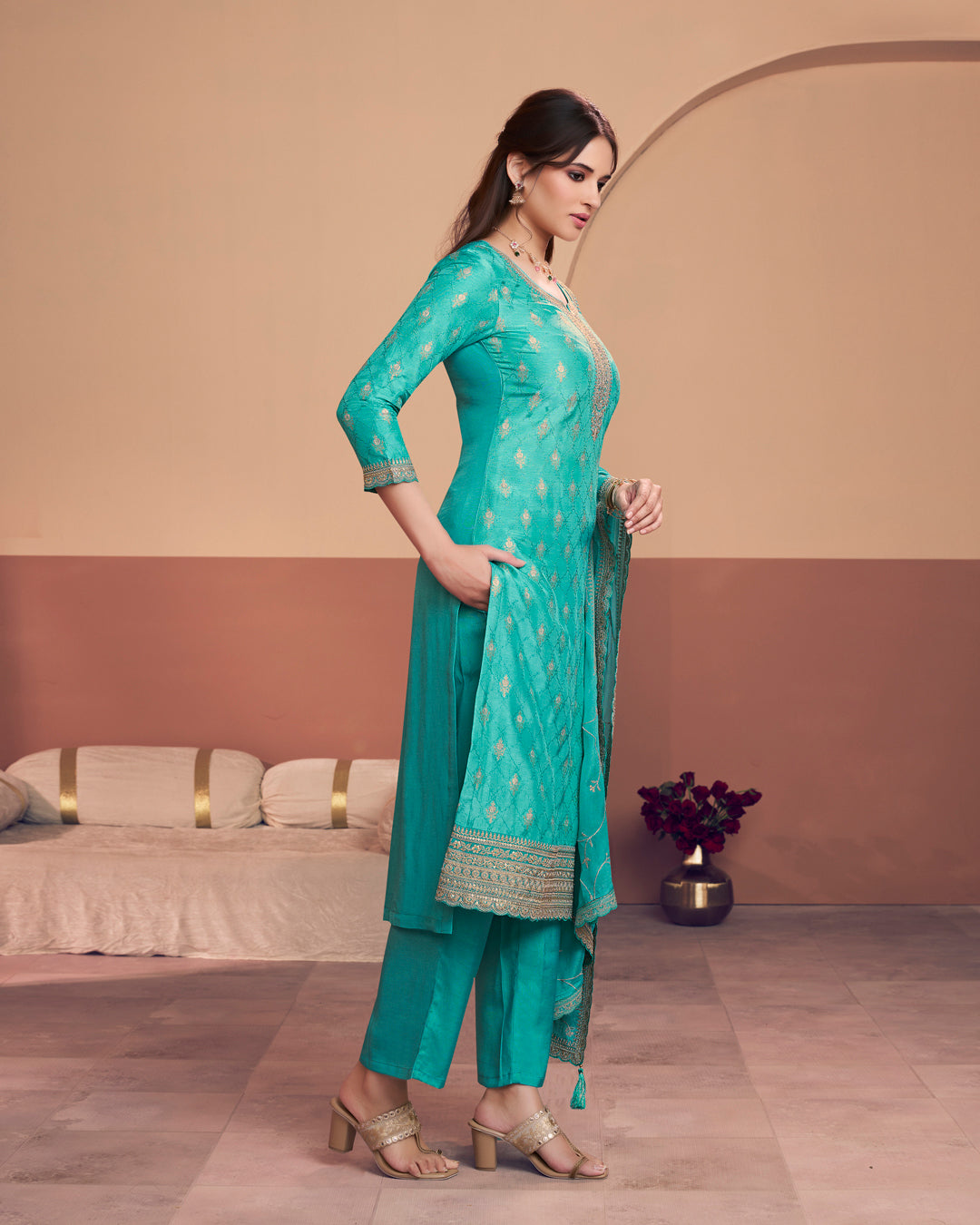 Cerulean Aura Embellished Dola Silk Pant Set