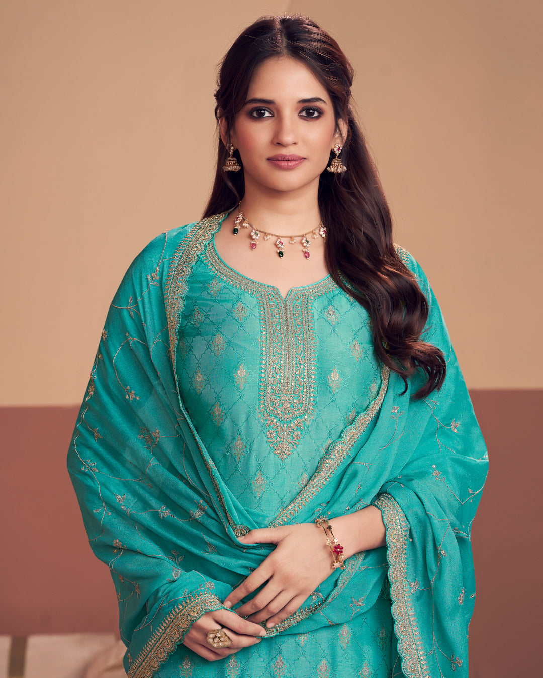 Cerulean Aura Embellished Dola Silk Pant Set