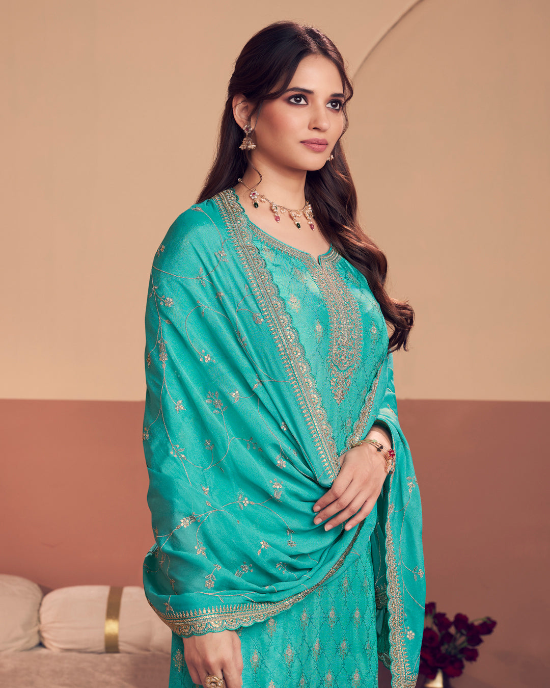 Cerulean Aura Embellished Dola Silk Pant Set