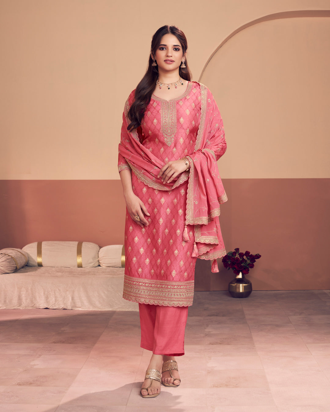 Coral Aura Embellished Dola Silk Pant Set