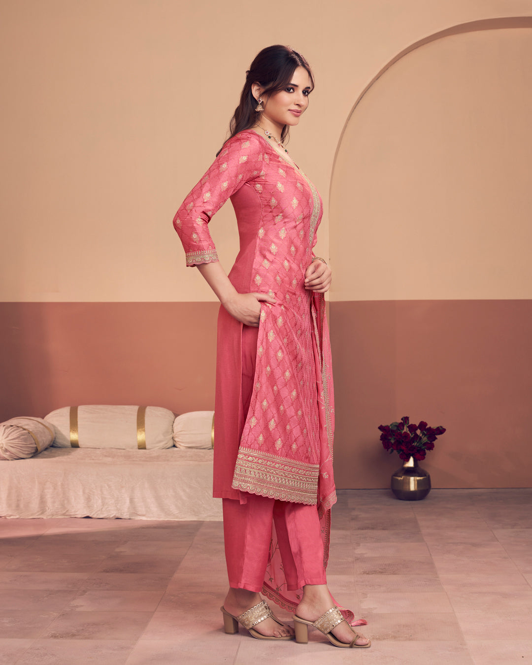 Coral Aura Embellished Dola Silk Pant Set