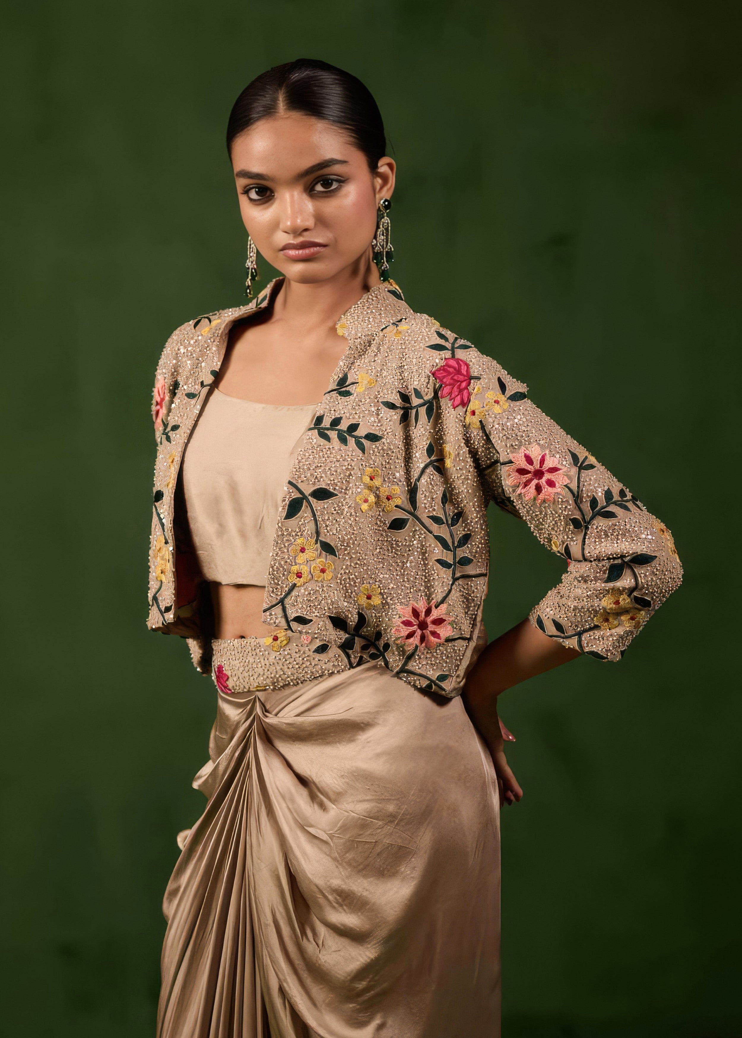 Desert Brown Embellished Satin Silk Skirt Set