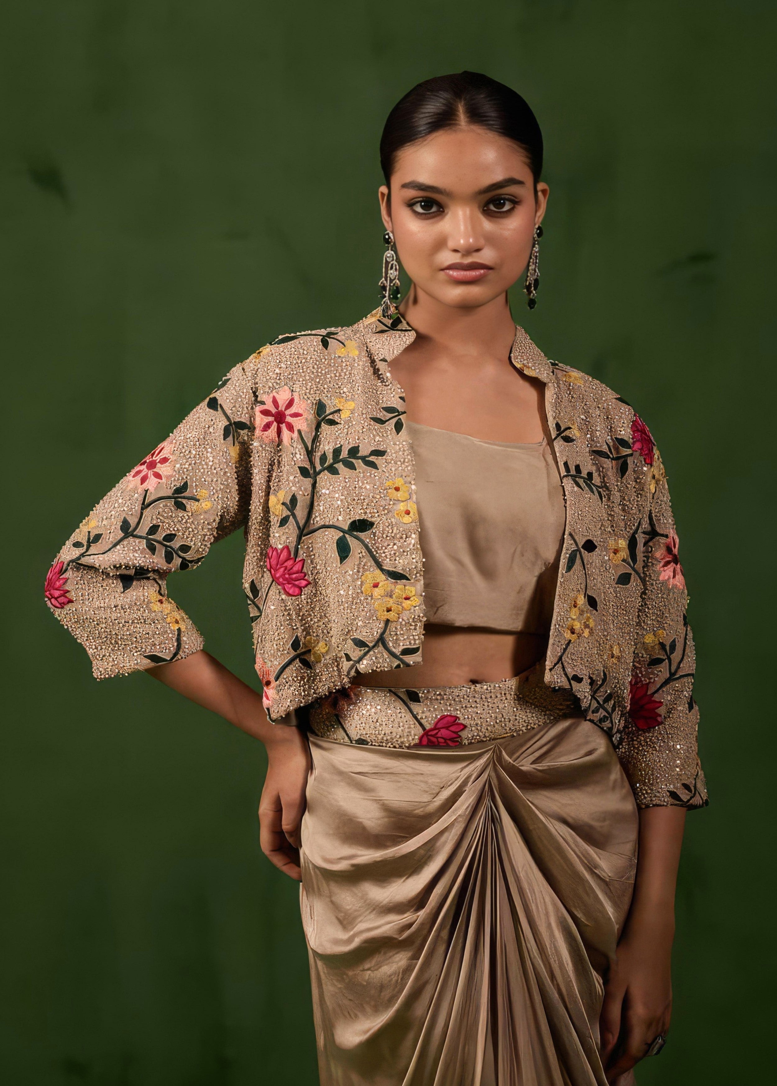 Desert Brown Embellished Satin Silk Skirt Set