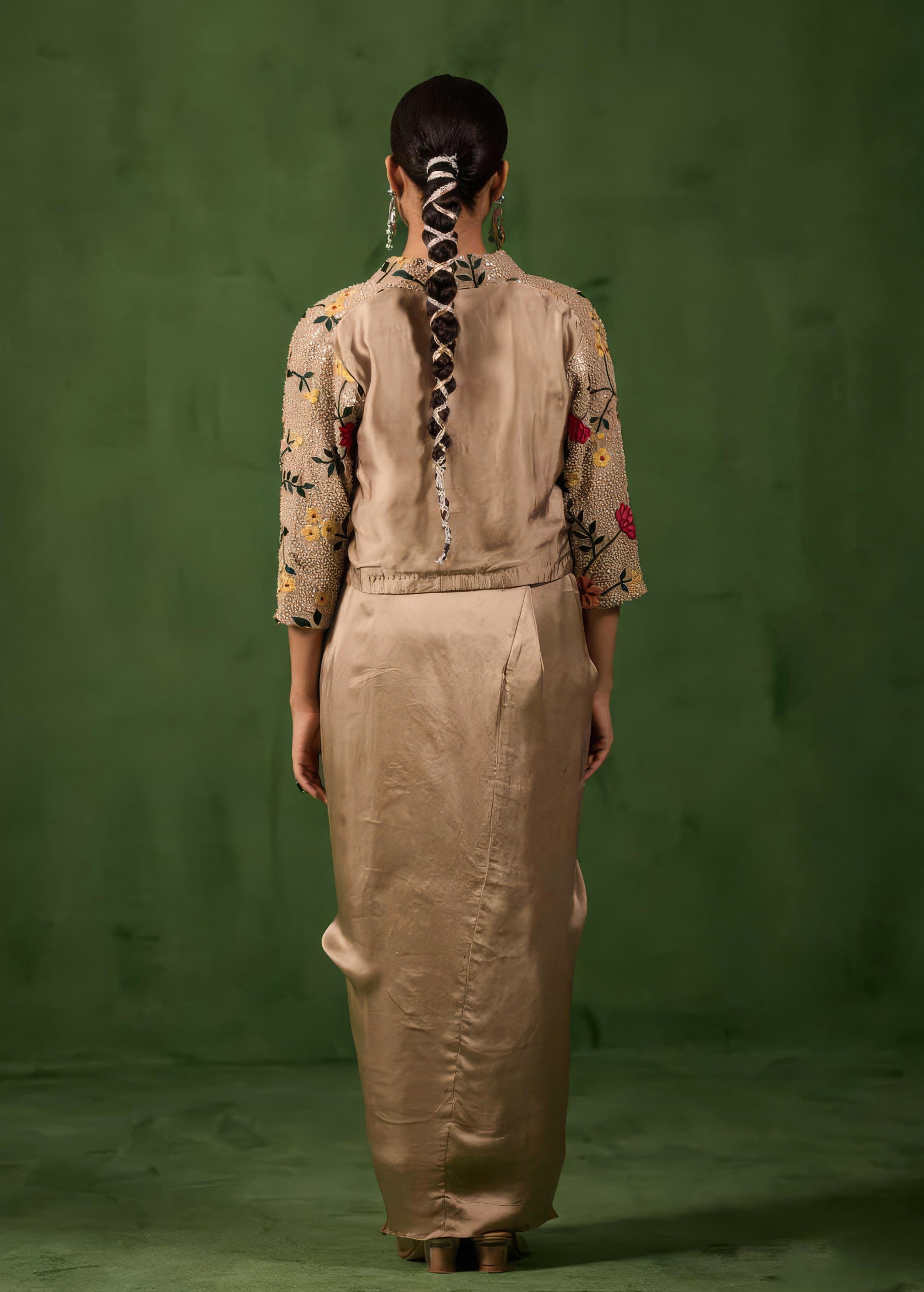 Desert Brown Embellished Satin Silk Skirt Set