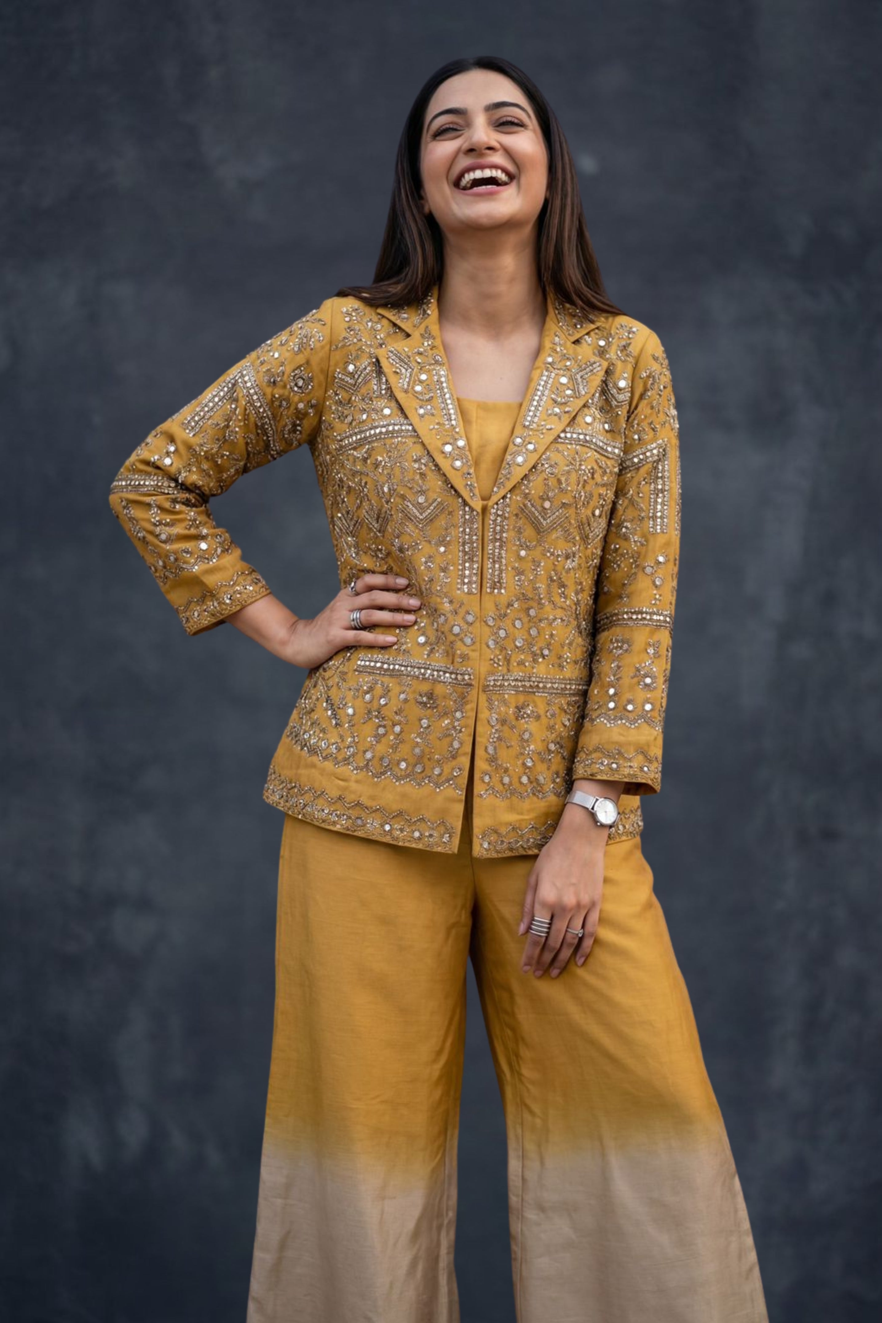 Mustard Yellow Embellished Dola Silk Jacket Palazzo Set