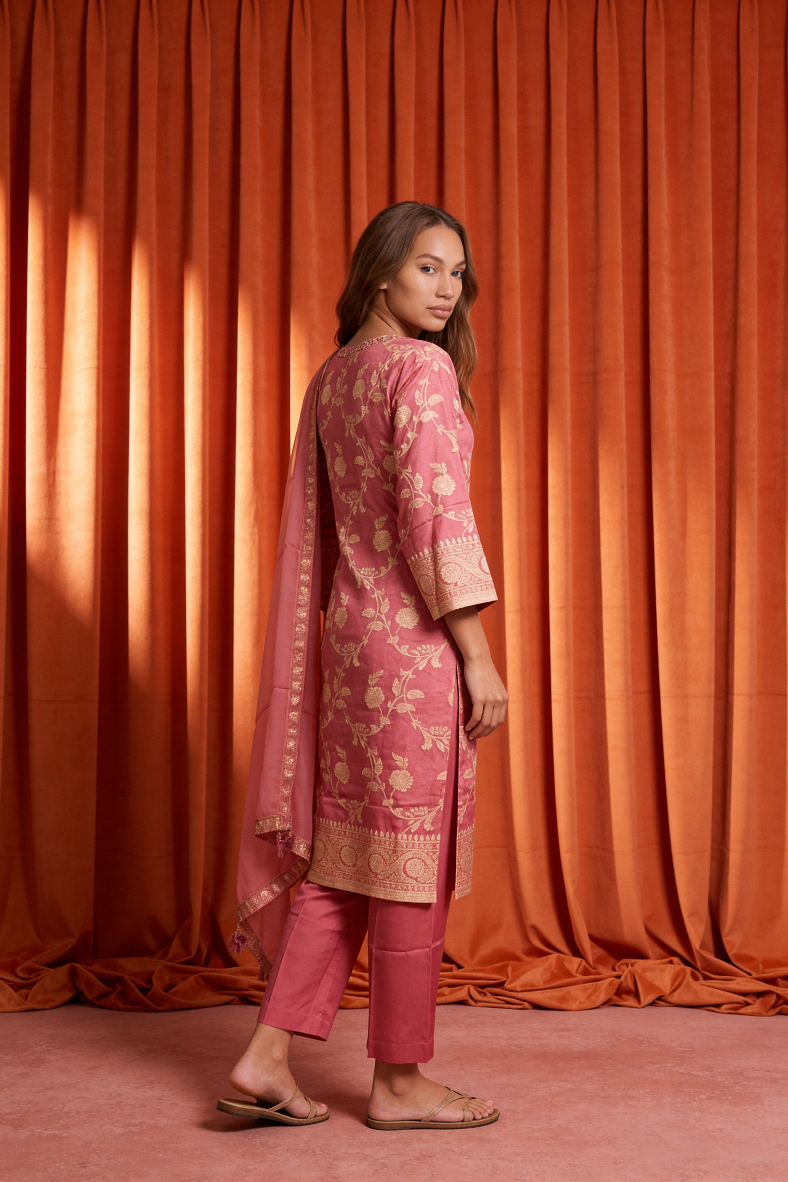 Pink Embellished Brocade Silk Kurta Set