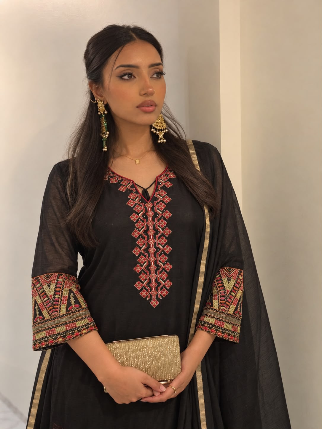 Black Embroidered Mul Chanderi Silk Pant Set
