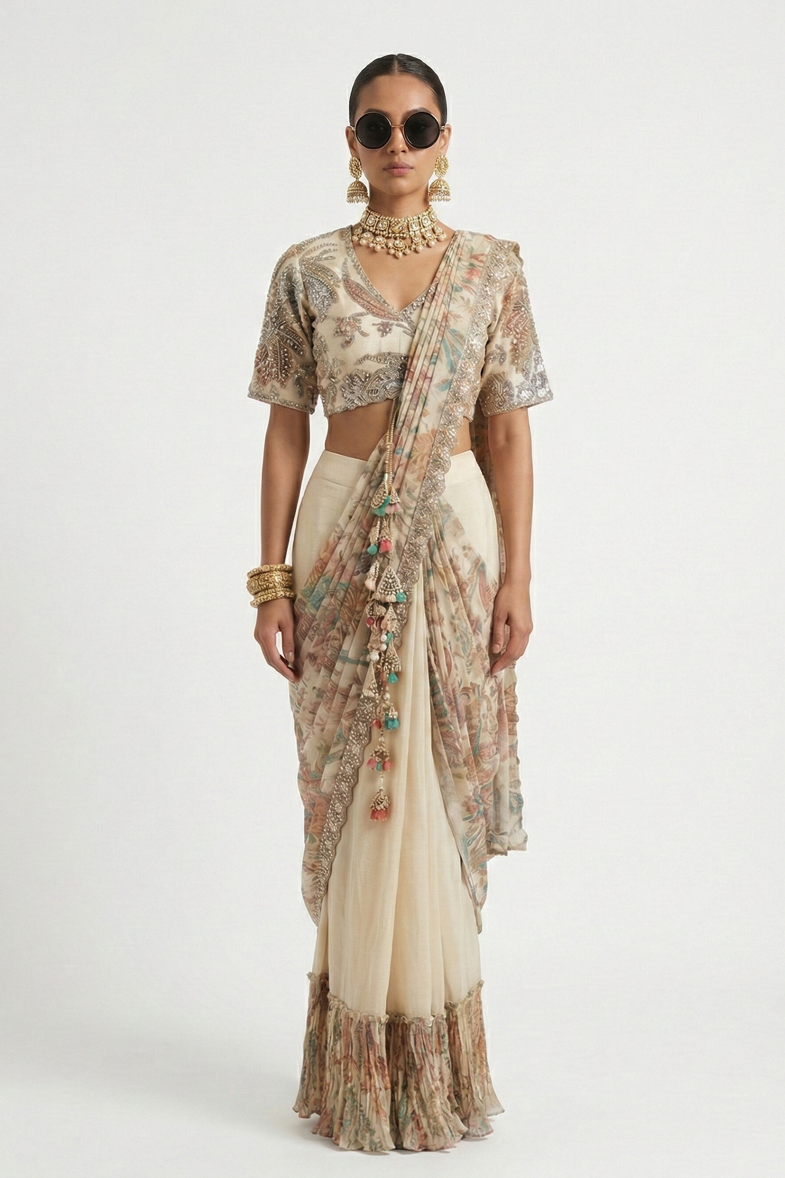 Vanilla Cream Embellished Crushed Silk Draped Saree