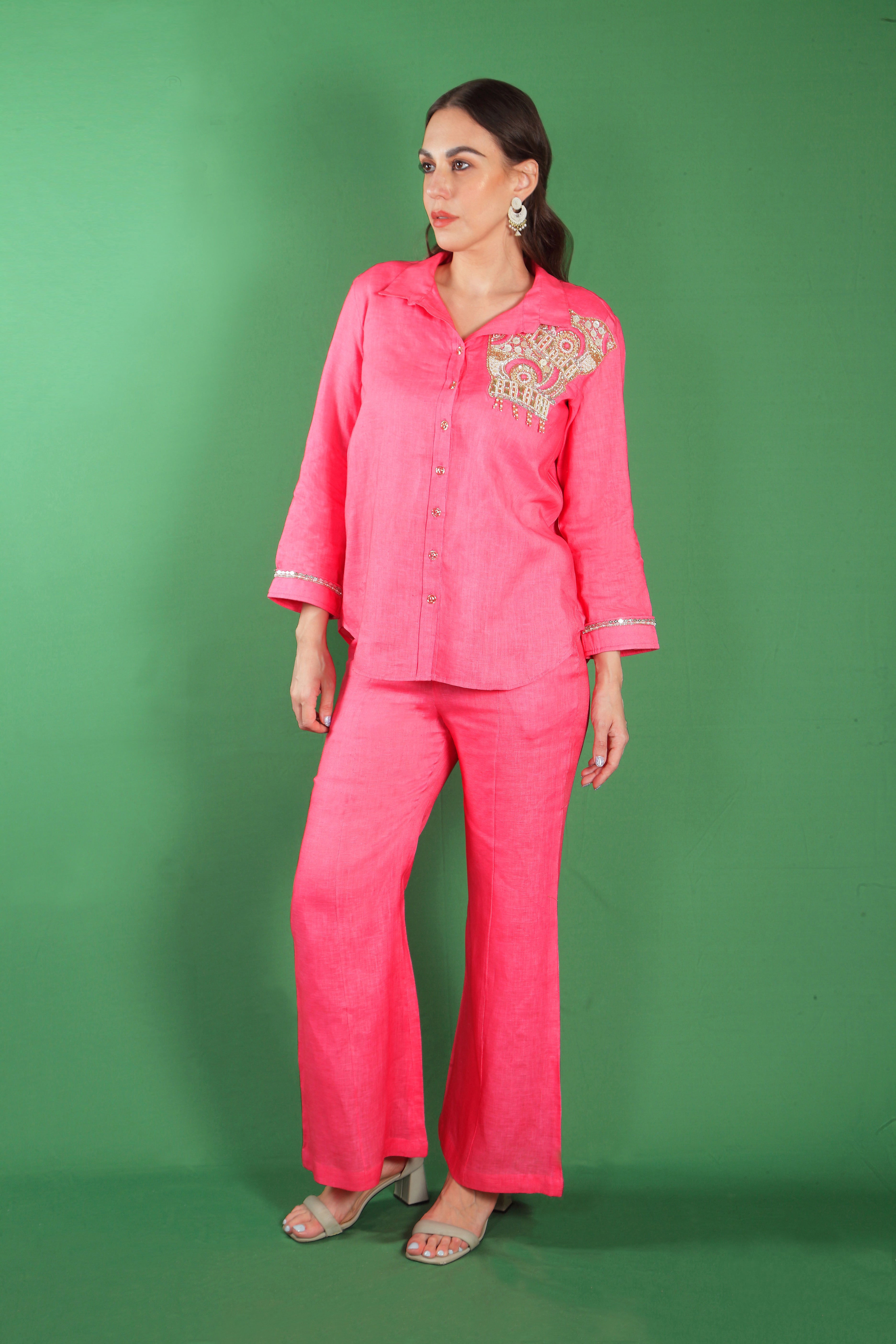 Candy Pink Embellished Linen Co-Ord Set