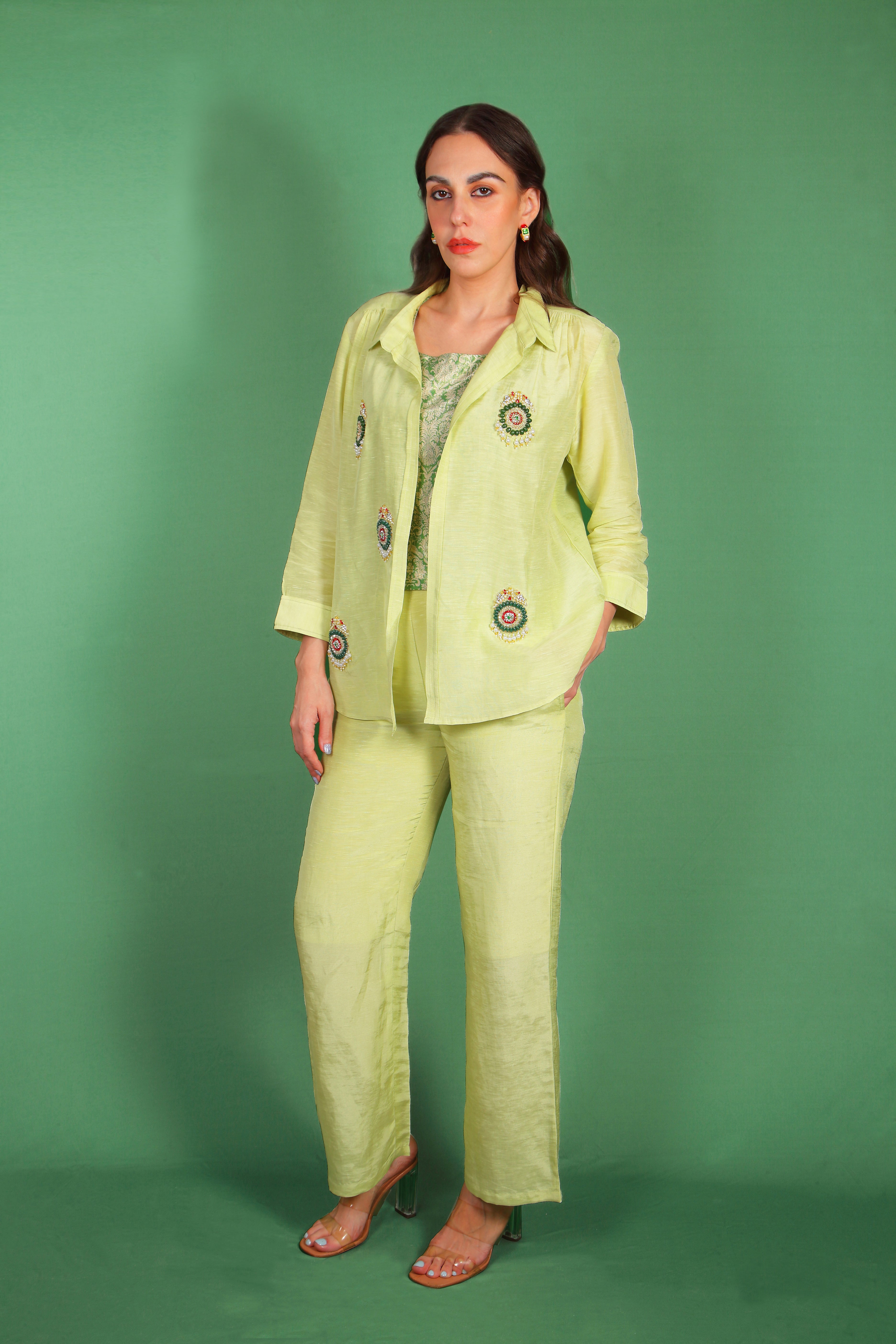 Lime Zest Embellished Linen Co-Ord Set