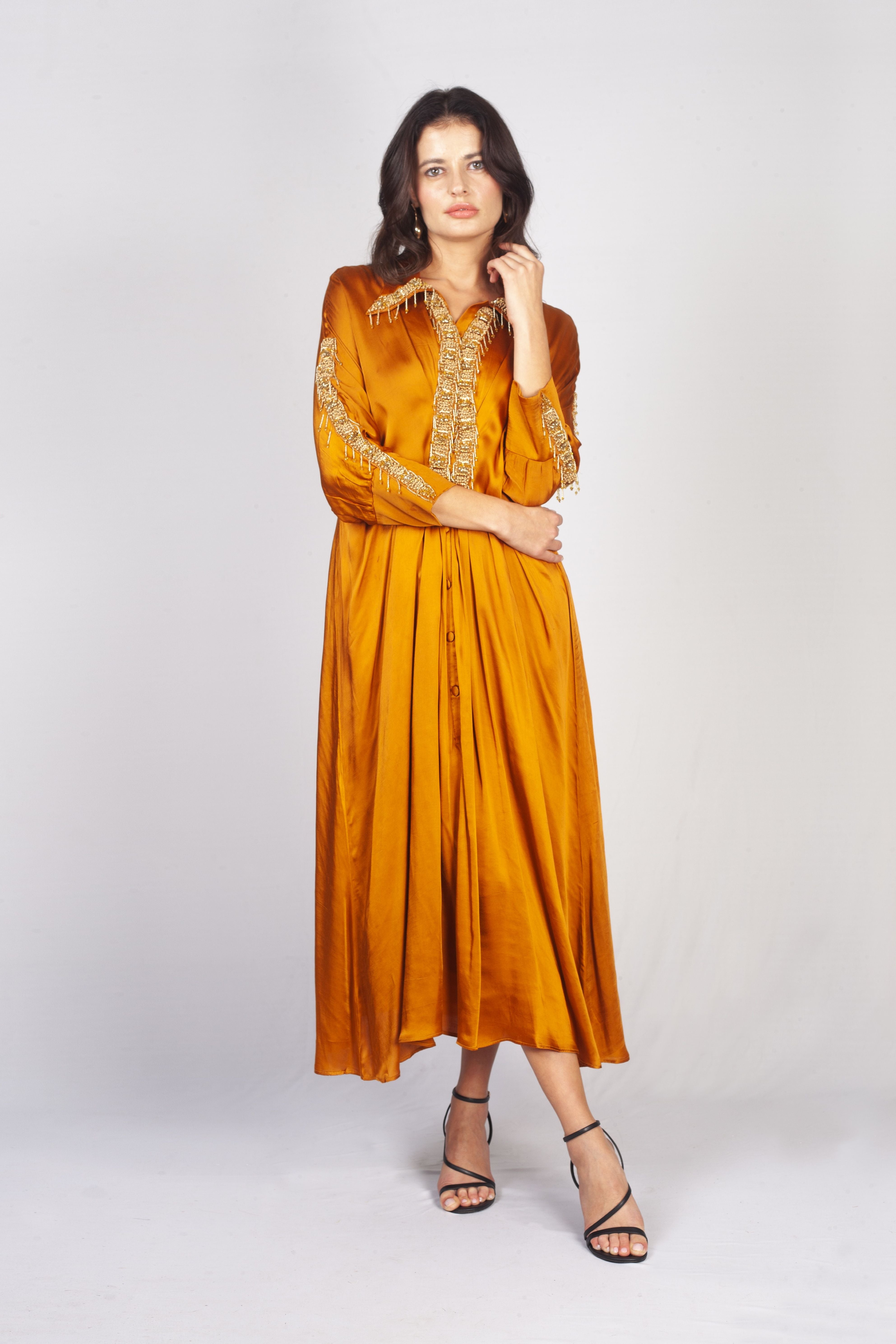 Ochre Gold Embellished Satin Silk Dress