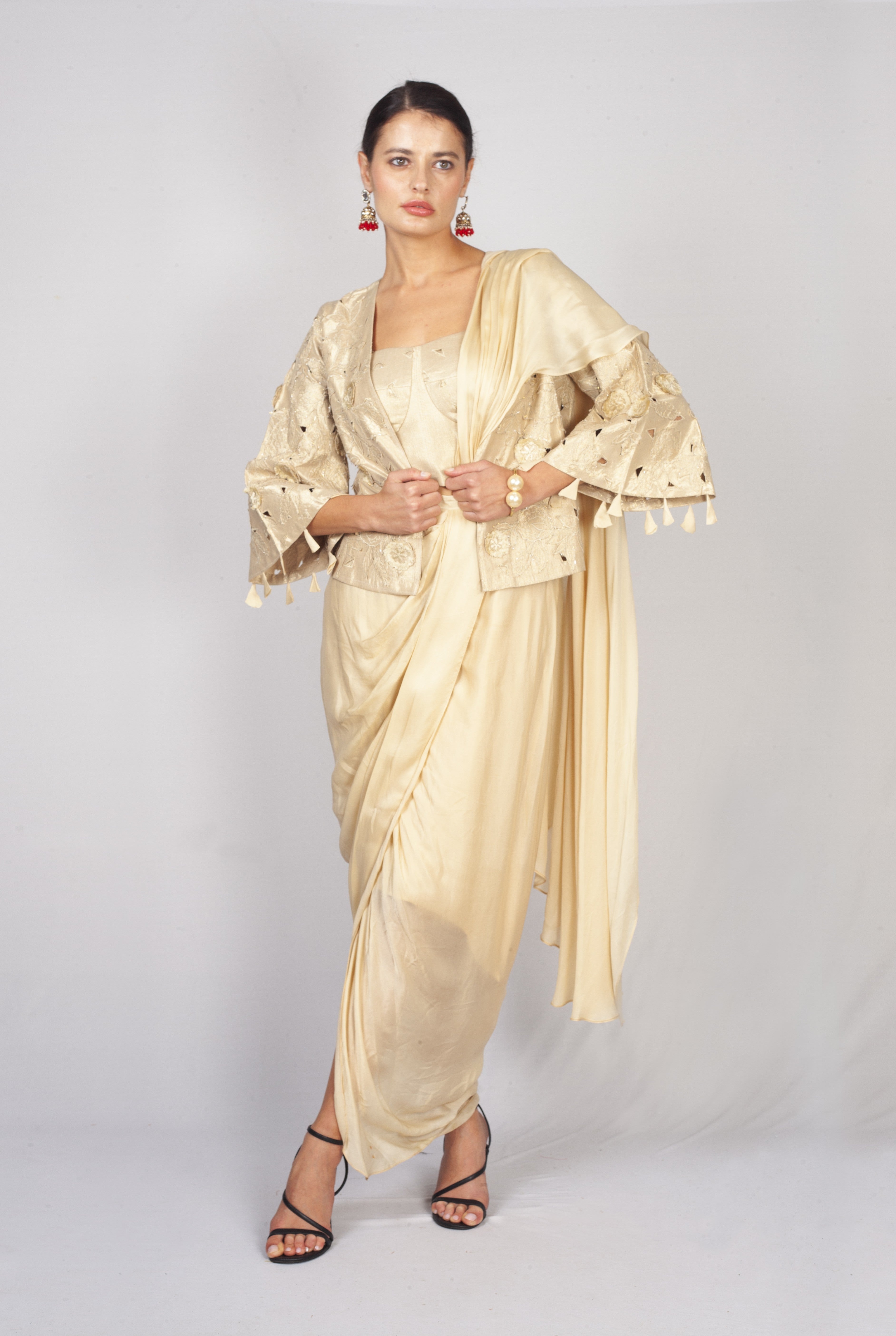 Champagne Embroidered Satin Silk Pre-Draped Jacket Saree