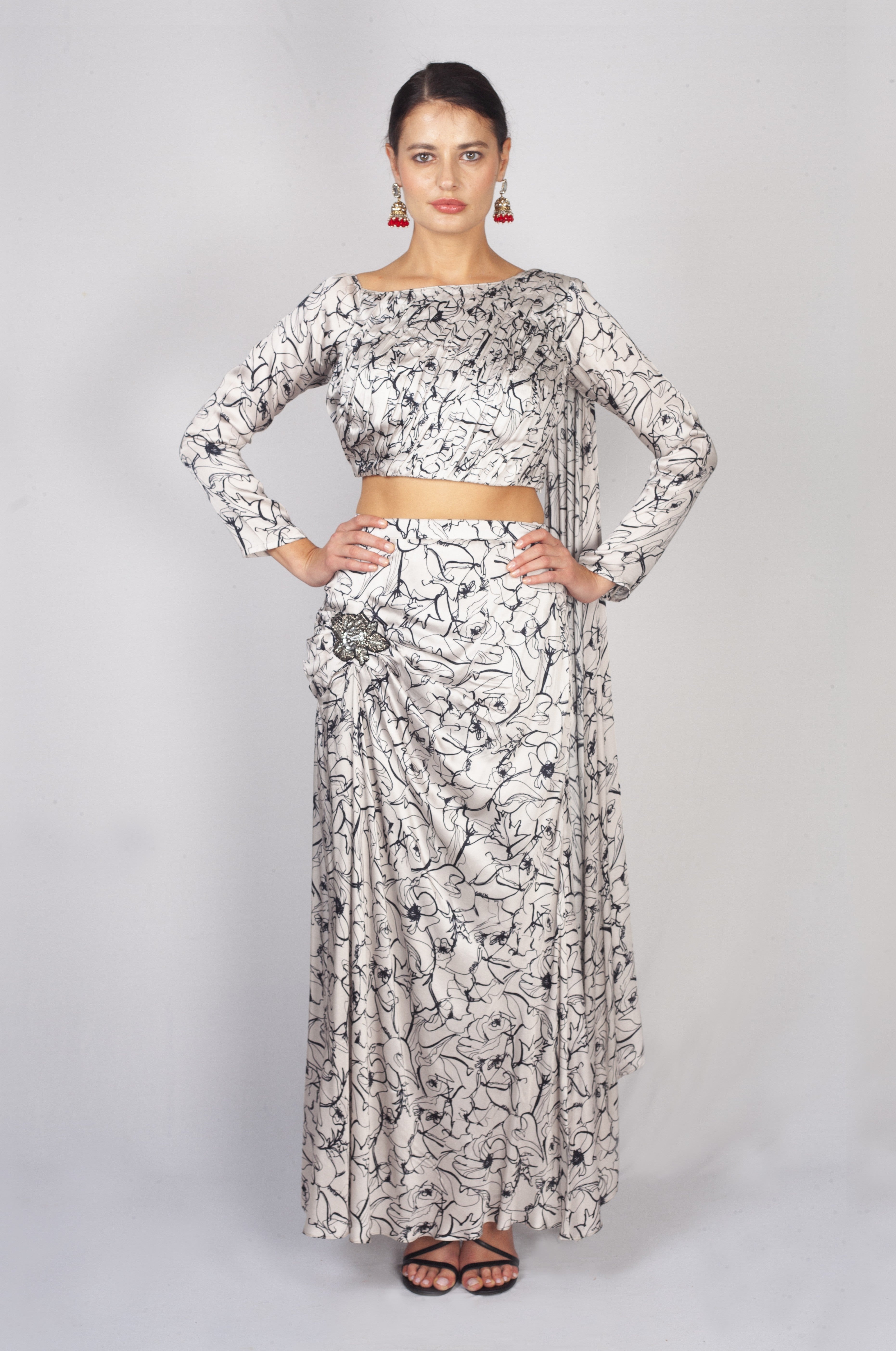 Silver Slate Printed Satin Silk Skirt Set