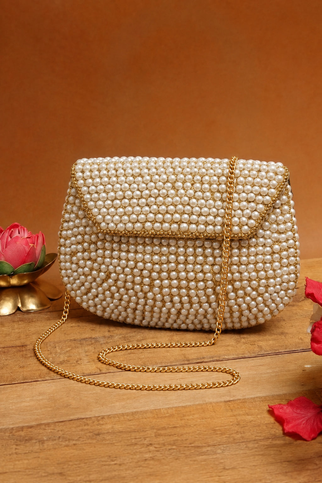 Pearl & Gold Embellished Clutch Bag