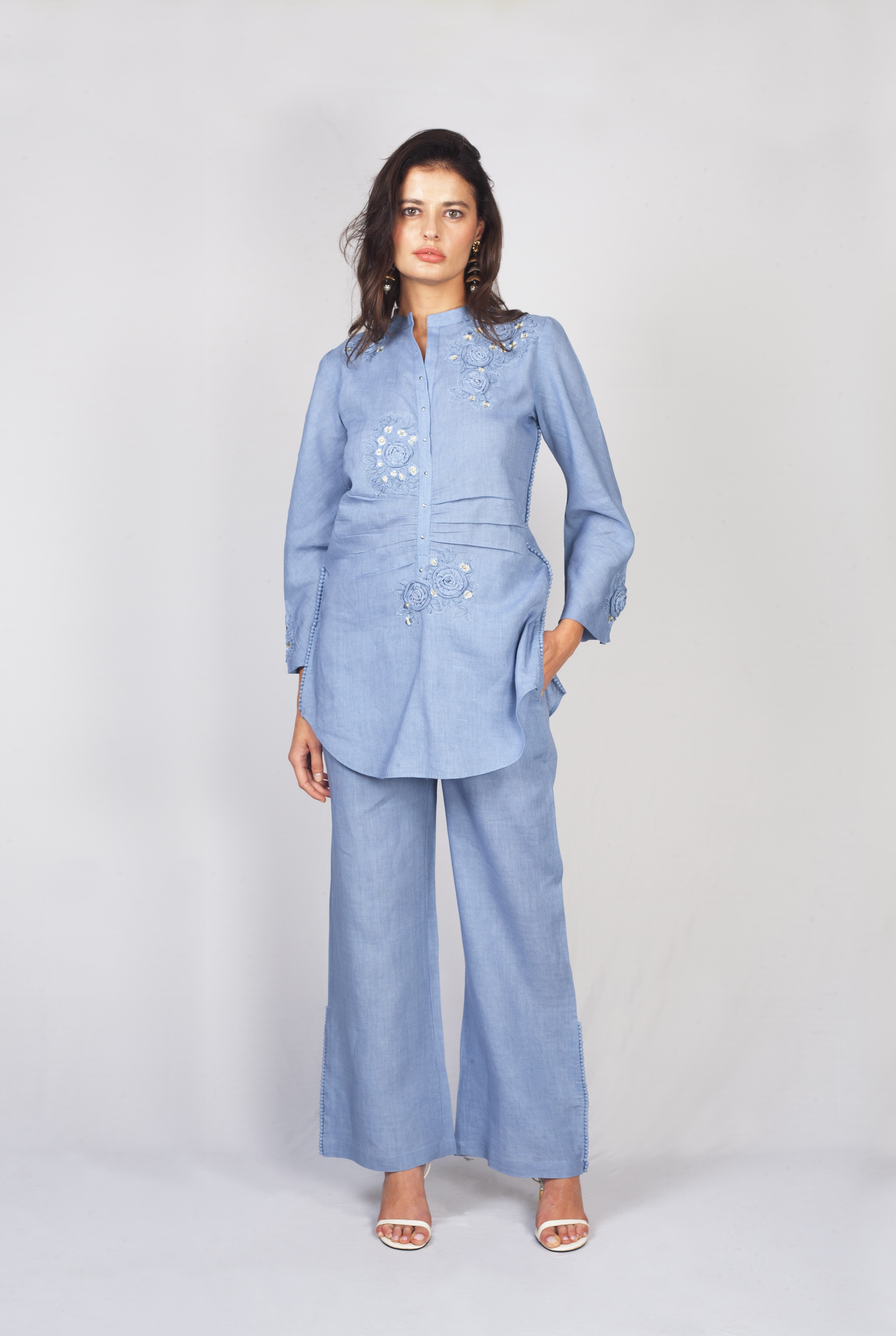 Frost Blue Embroidered Linen Co-Ord