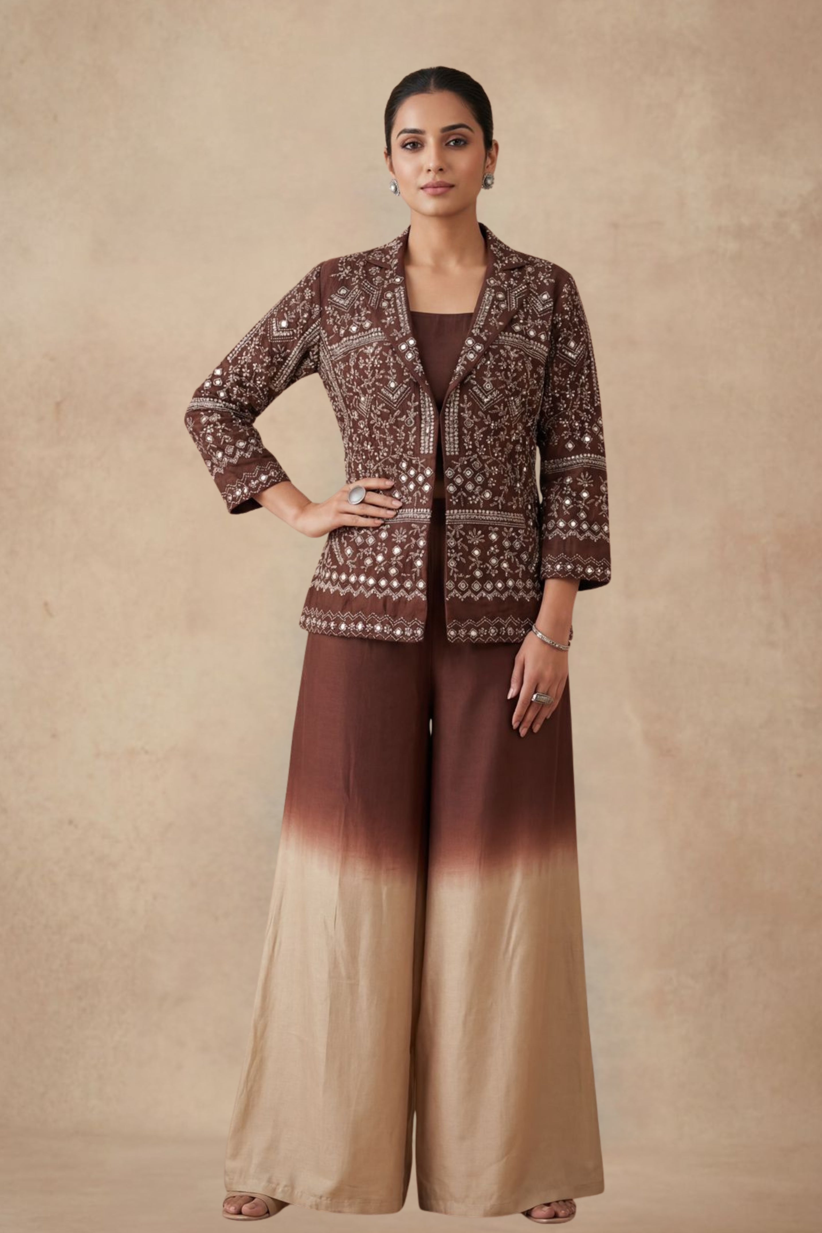 Coffee Brown Embellished Dola Silk Jacket Palazzo Set