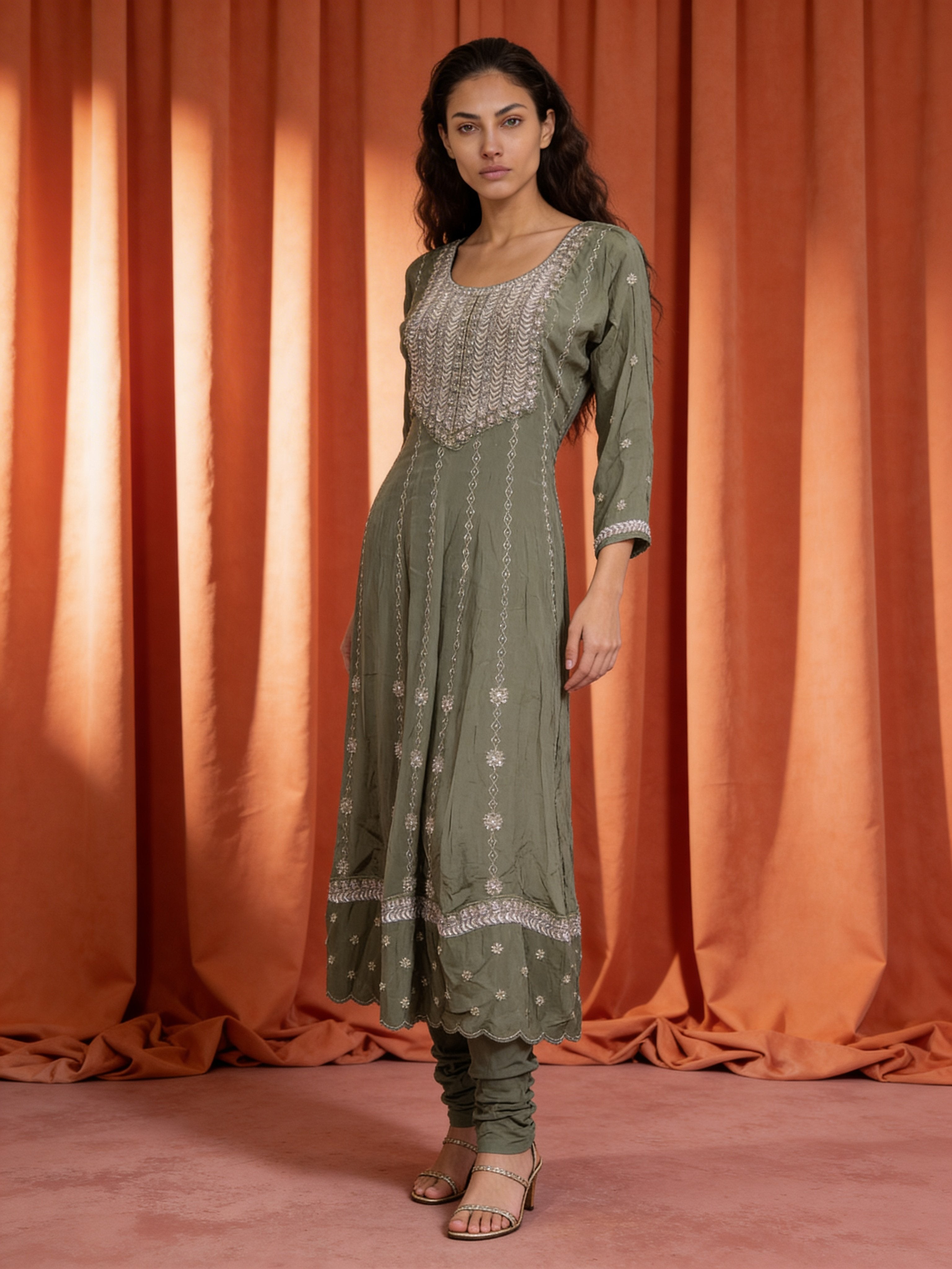 Olive Green Embellished Shimmer Silk Anarkali Set
