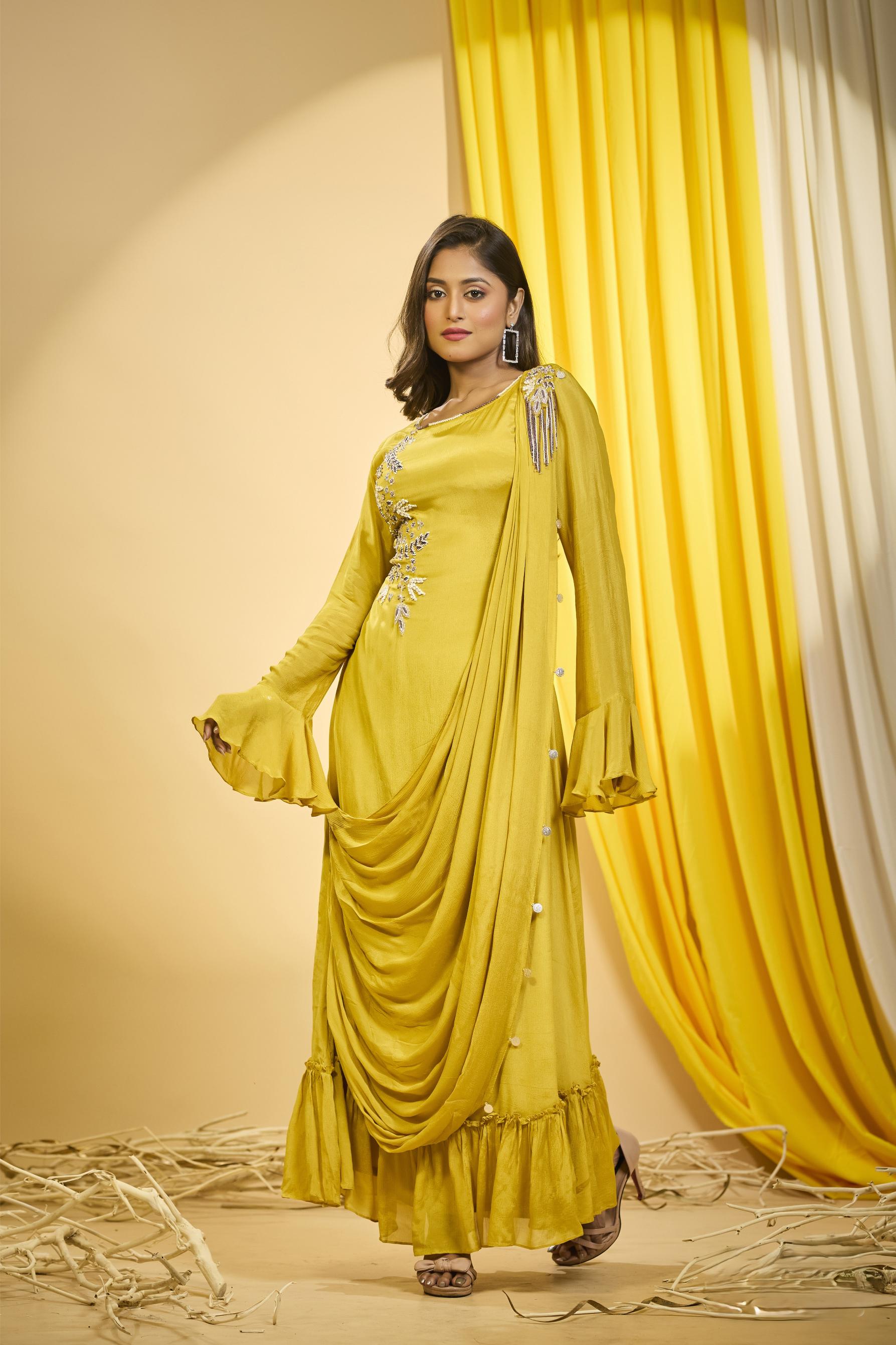 Bright Yellow Embellished Premium Chinon Silk Draped Gown