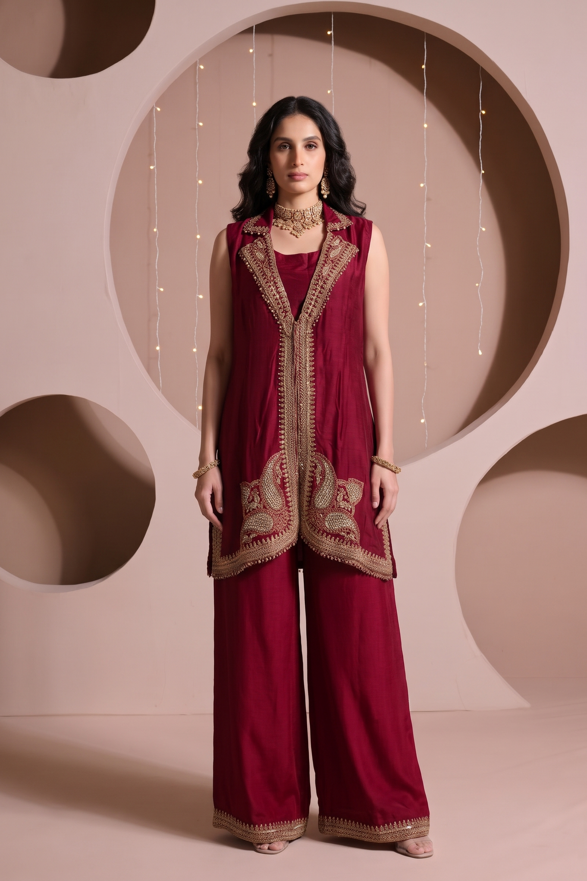 Regal Wine Embellished Raw Silk Palazzo Set