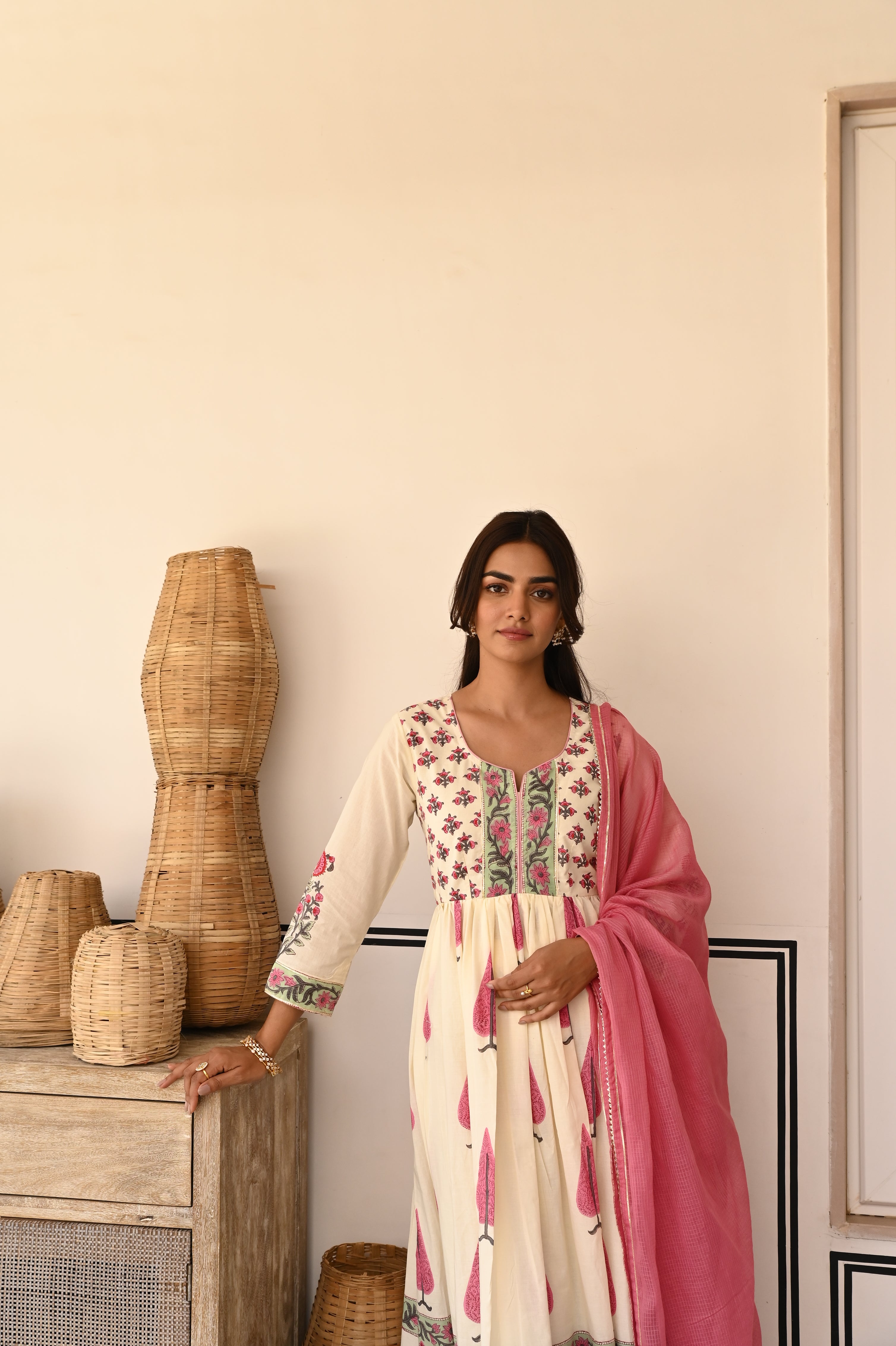 Rose Pink Printed Cotton Anarkali Set