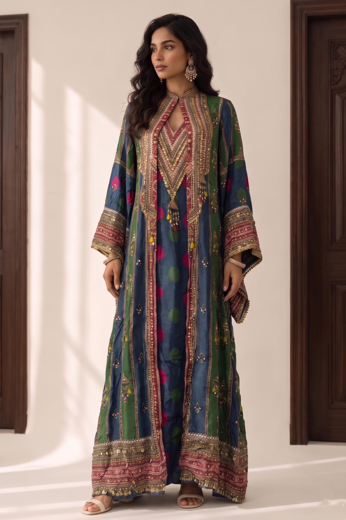 Slate Teal Blue Embellished Crepe Silk Jacket Set