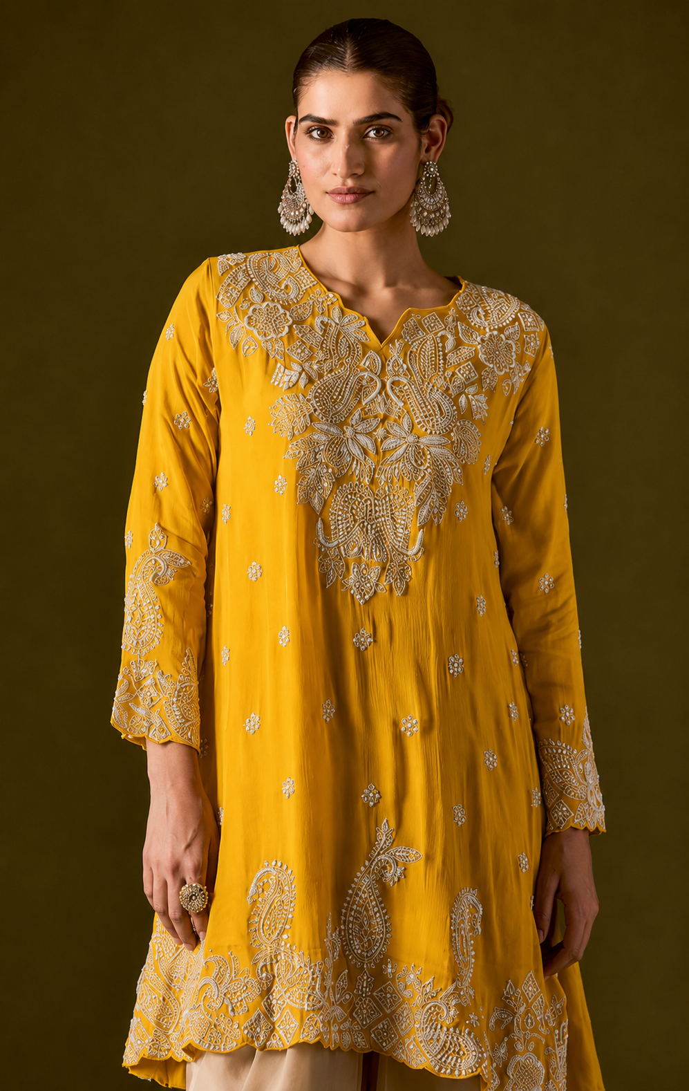 Saffron Yellow Embellished Chinon Silk Dhoti Set