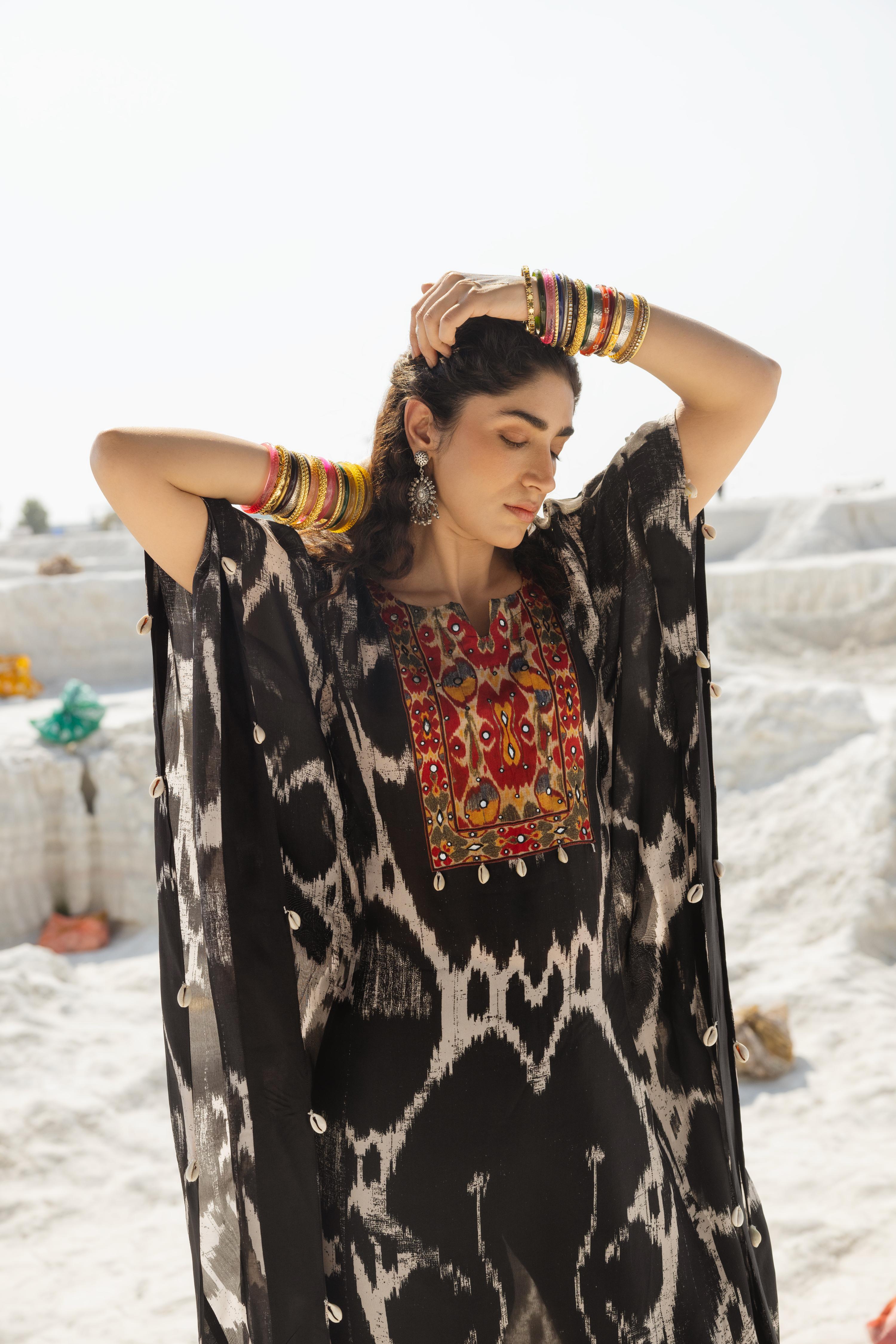 Black Ikat Printed Muslin Silk Kaftan Set