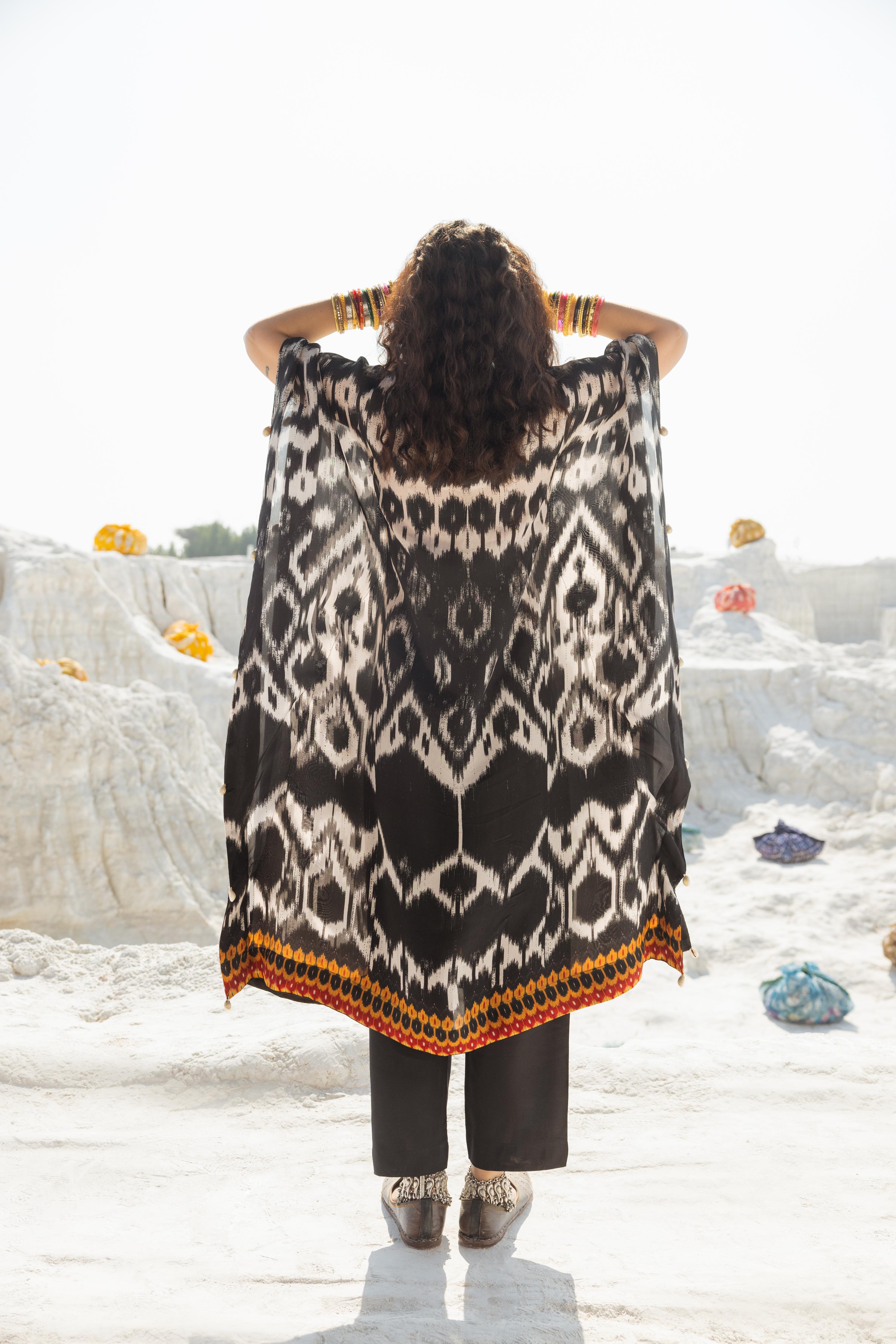 Charcoal Black Ikat Printed Muslin Silk Kaftan Set