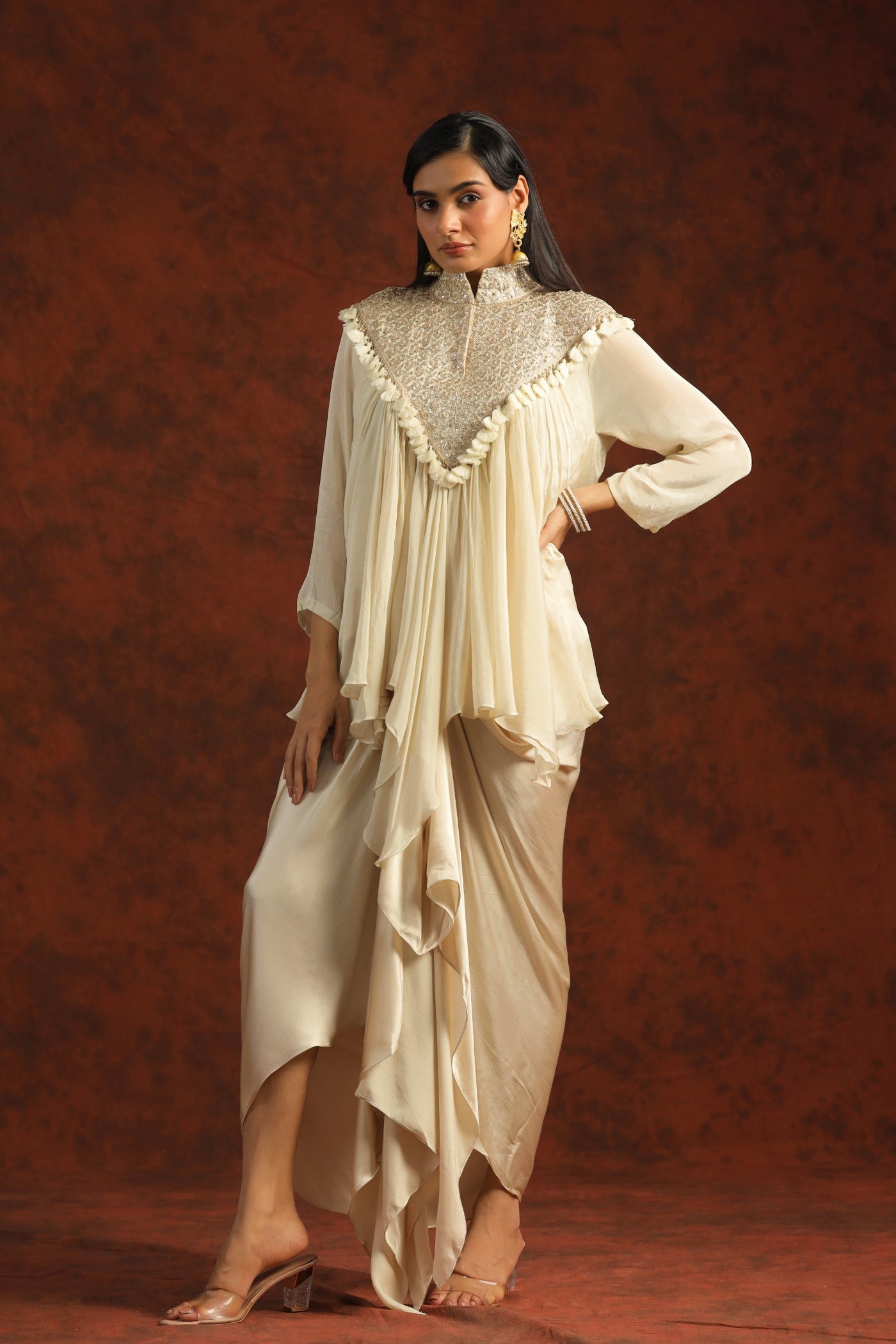 Cream Gota Embroidered Chinon Silk Draped Skirt & Top