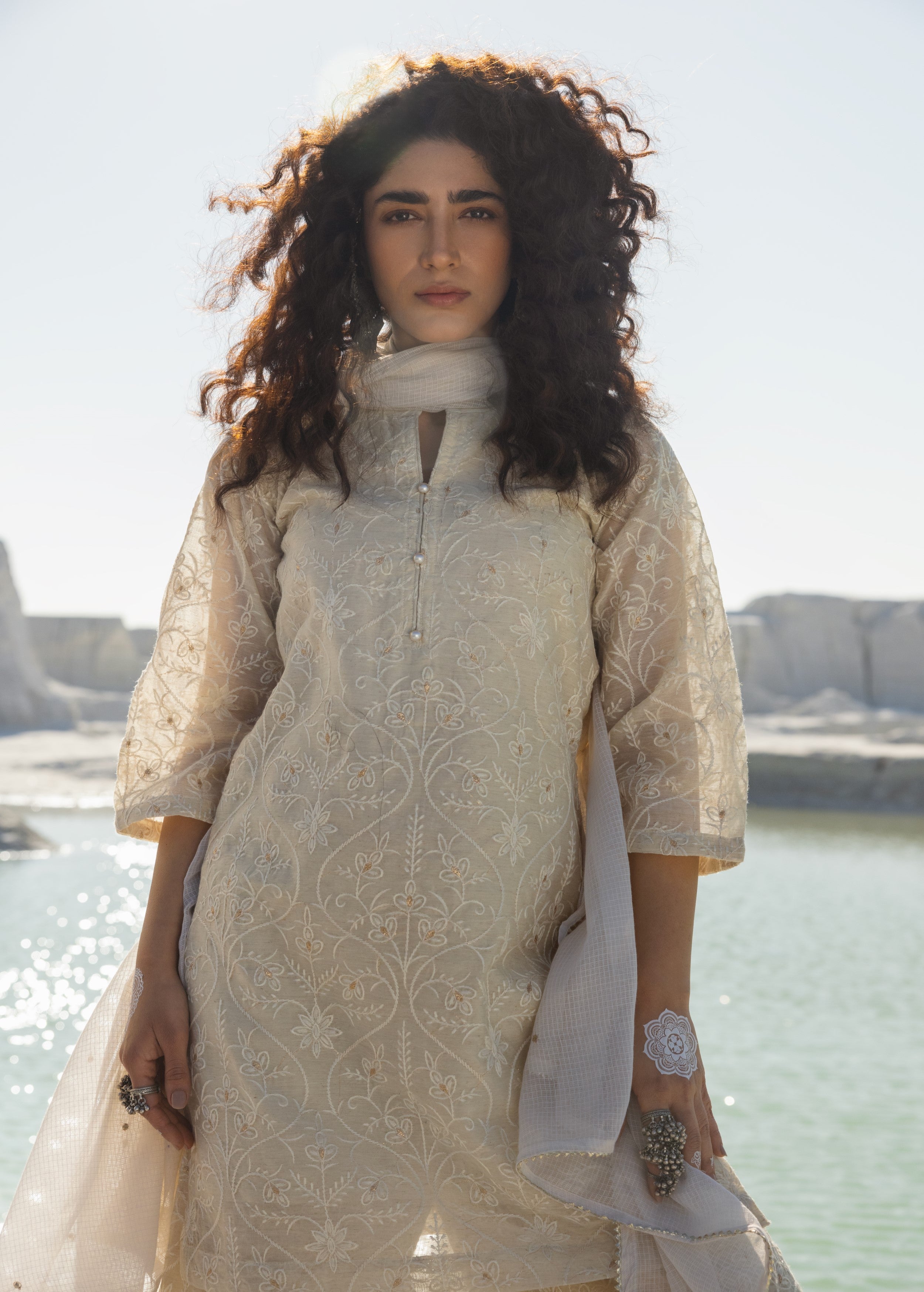 Off-White Embroidered Chanderi Silk Pant Set