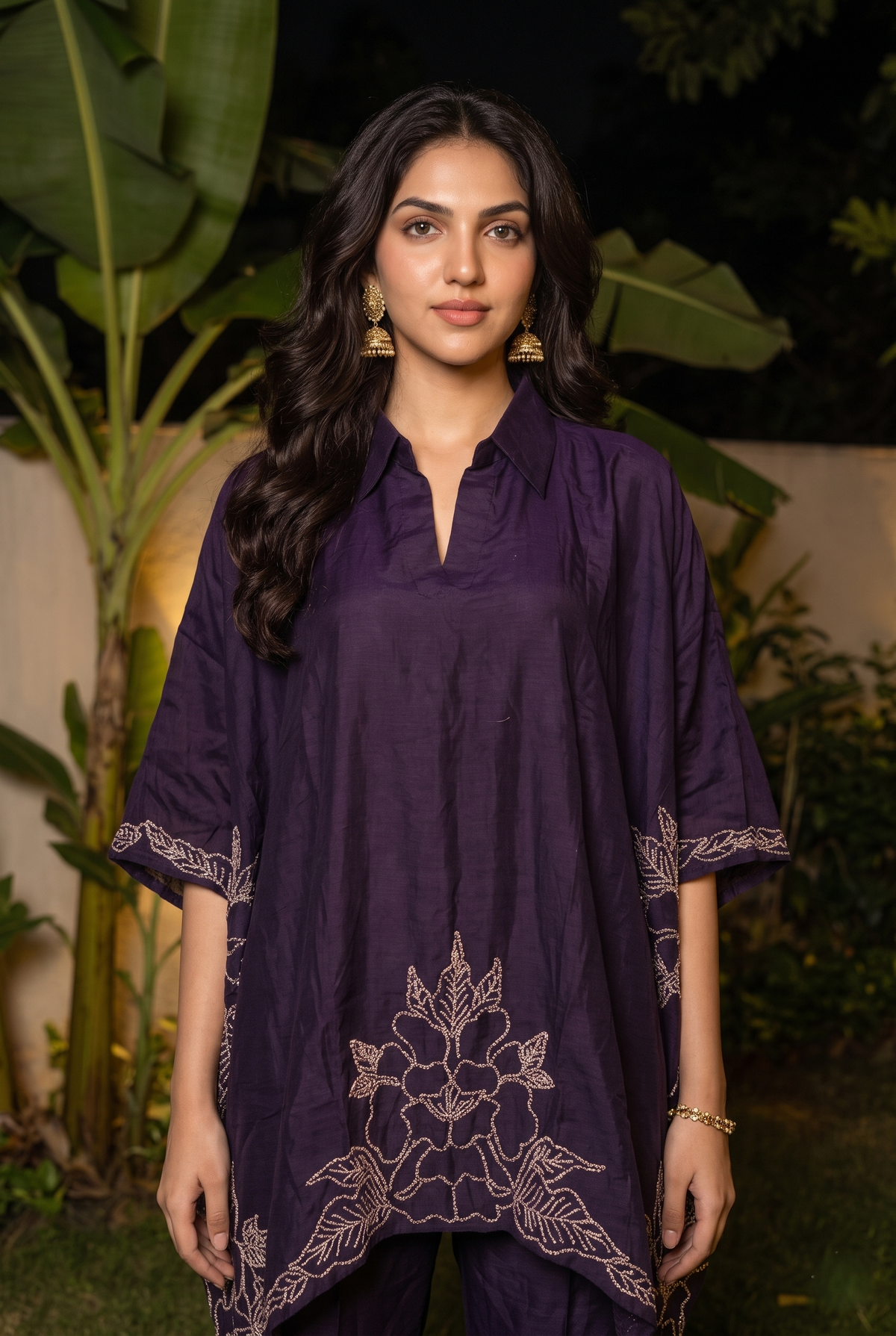 Deep Purple Embellished Raw Silk Kaftan Set