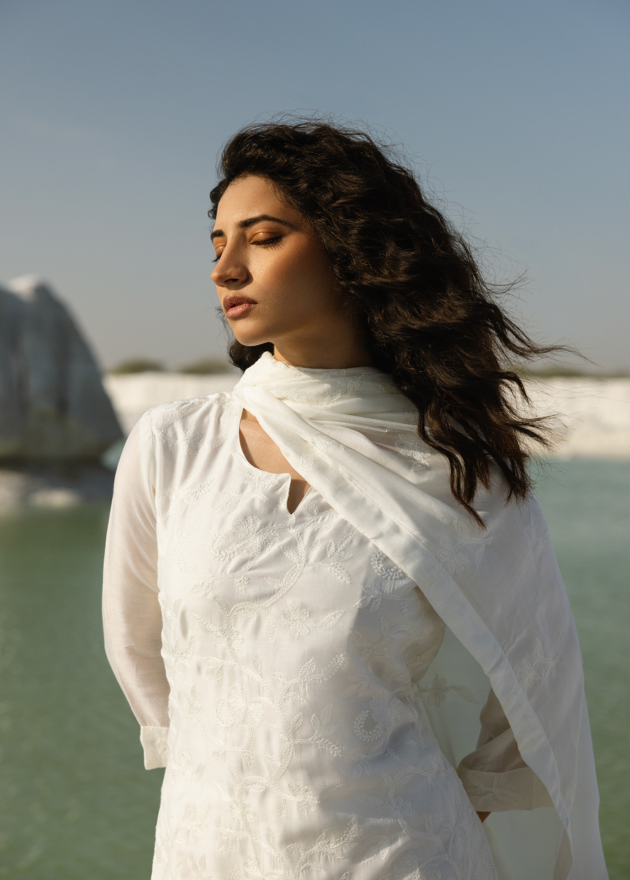 White Embroidered Mul-Chanderi Silk Pant Set