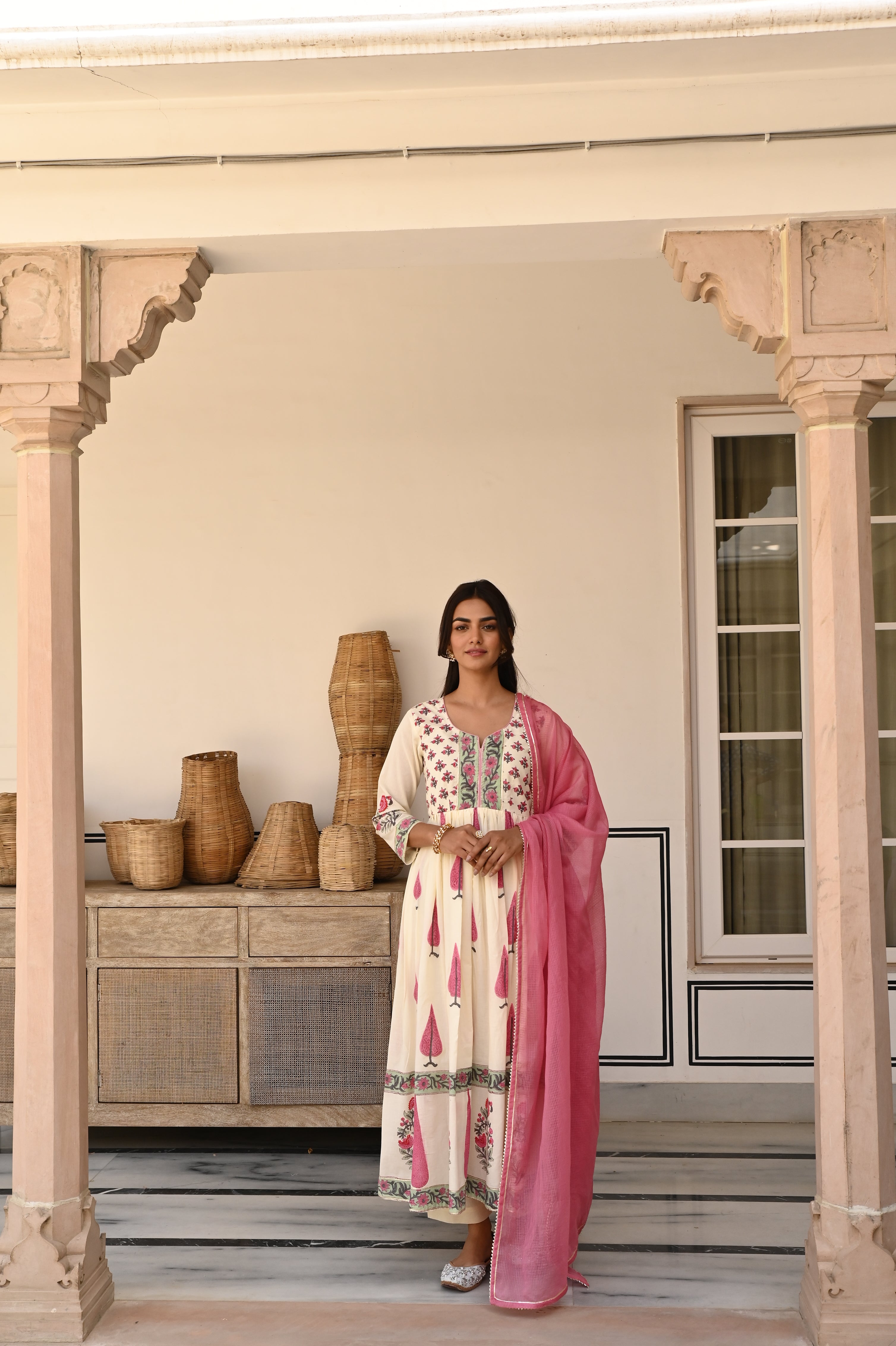 Rose Pink Printed Cotton Anarkali Set