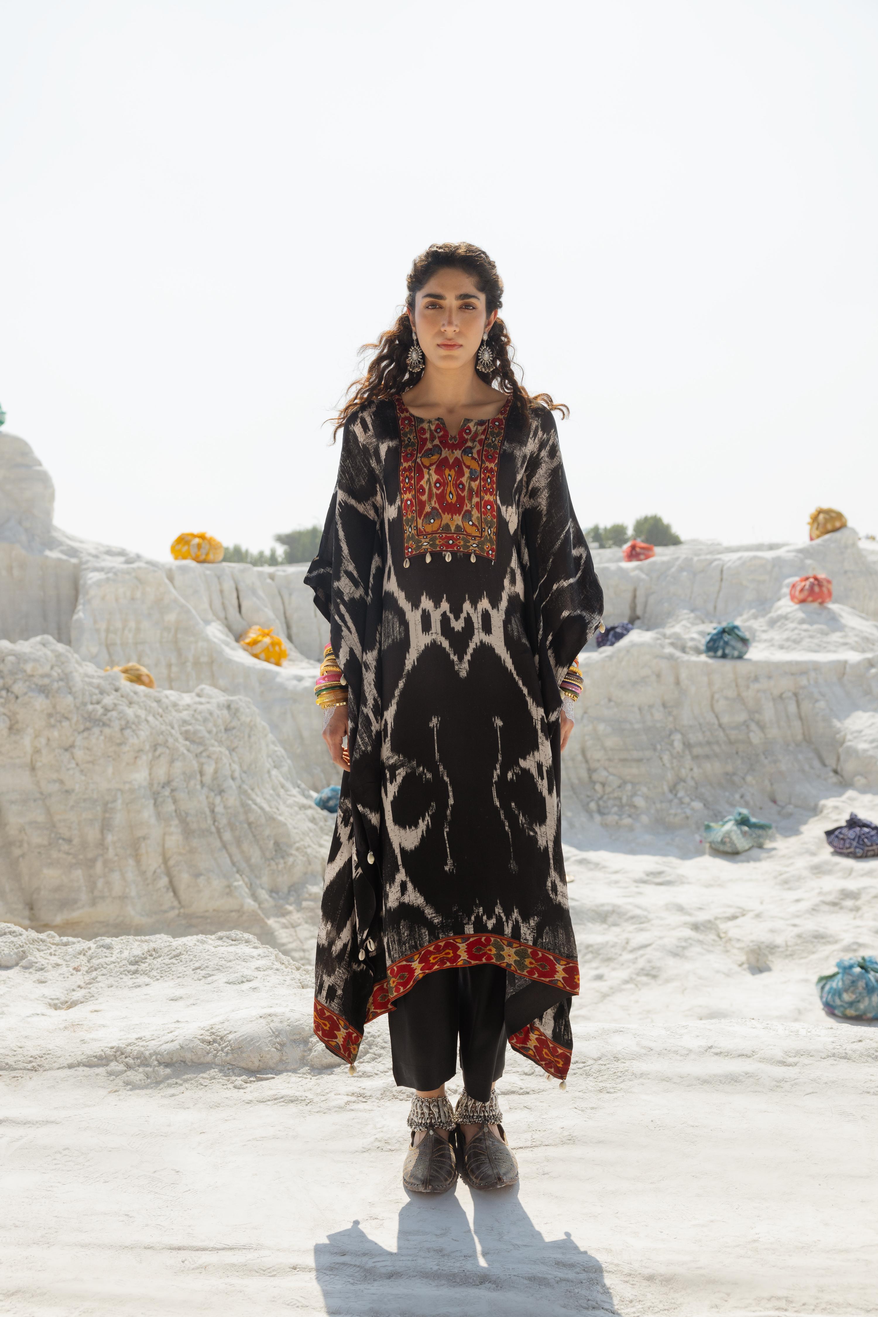 Black Ikat Printed Muslin Silk Kaftan Set