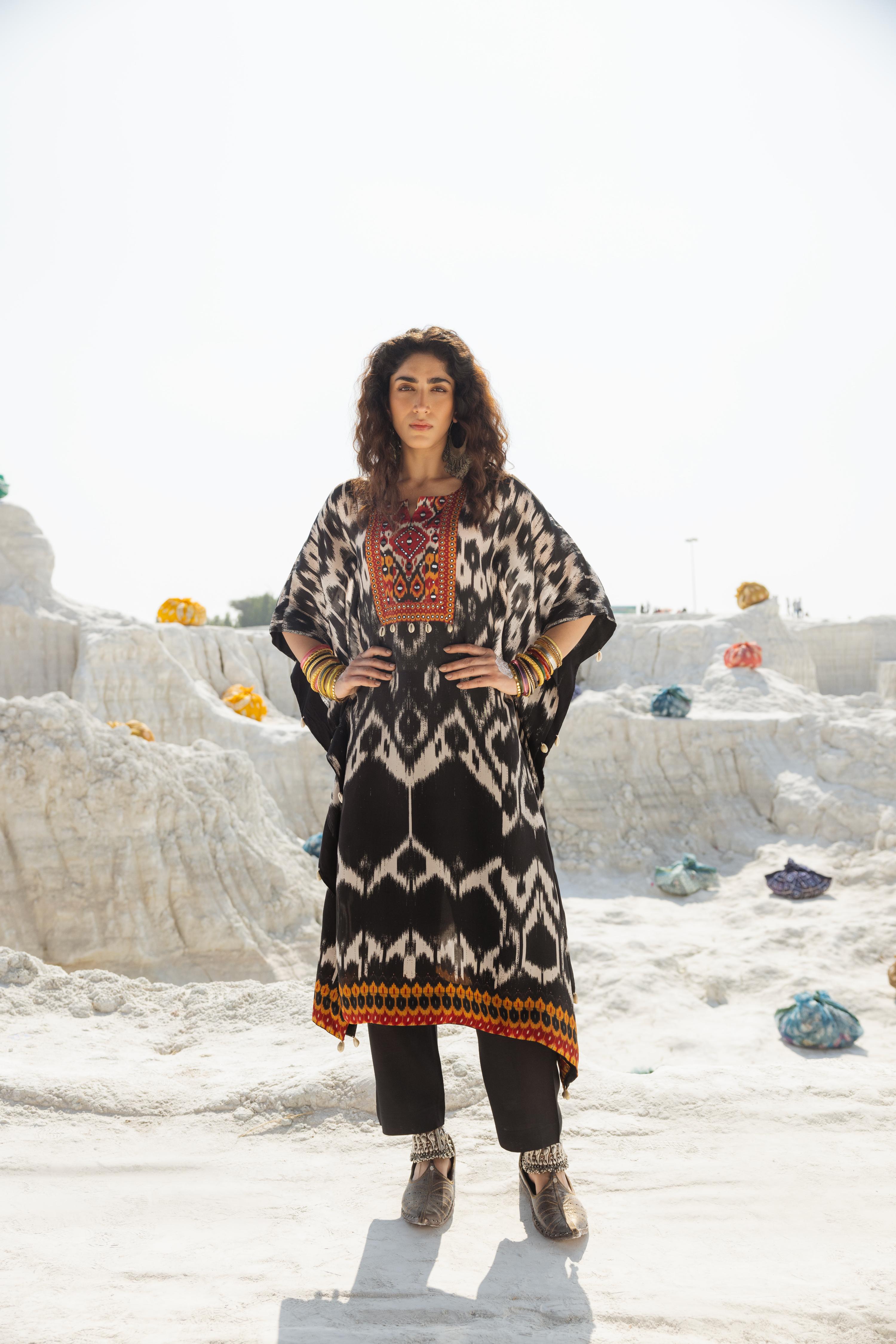 Black & White Ikat Printed Muslin Silk Kaftan Set