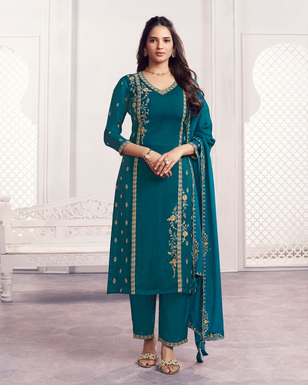 Peacock Charm Embellished Dola Silk Pant Set