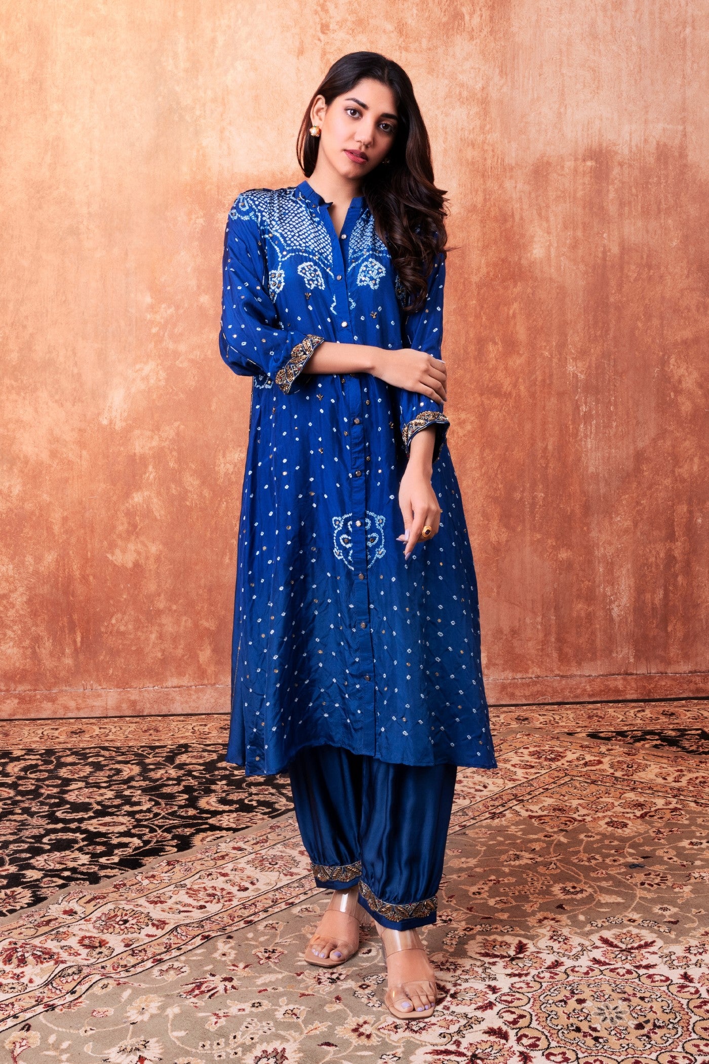 Navy Blue Bandhej Printed Embellished Kurta Set