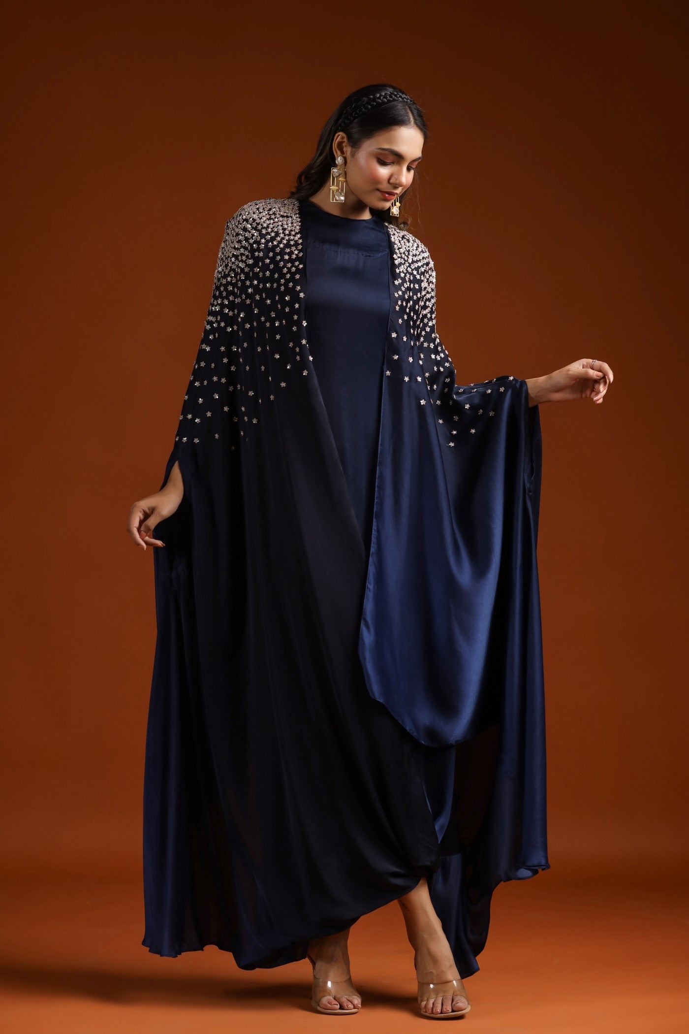 Navy Blue Embellished Draped Gown