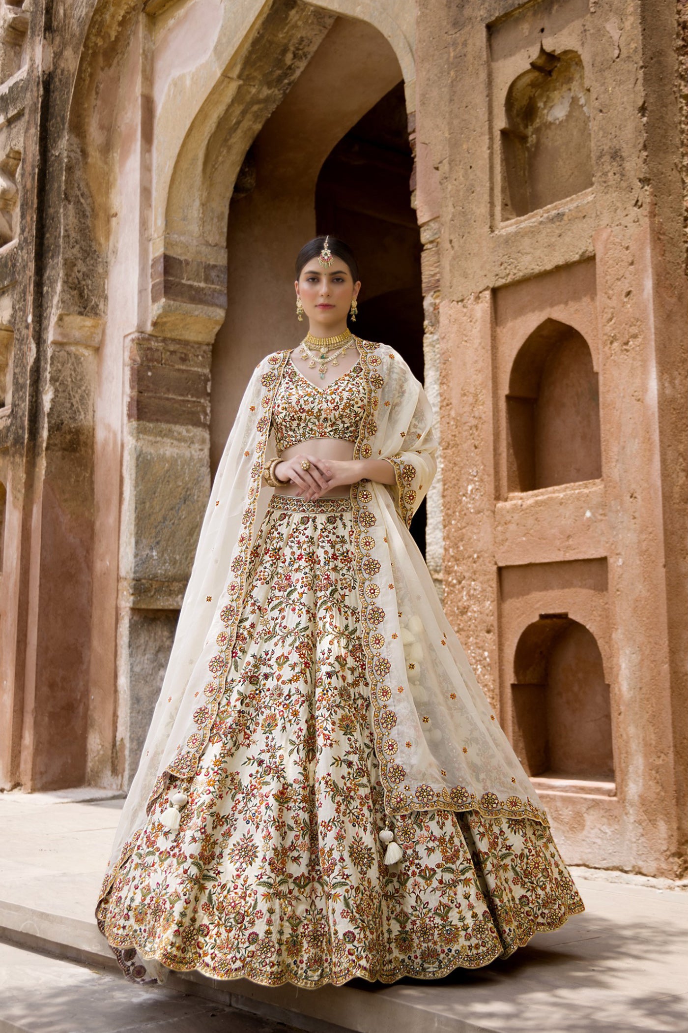 Off White Floral Embroidered Lehenga Set