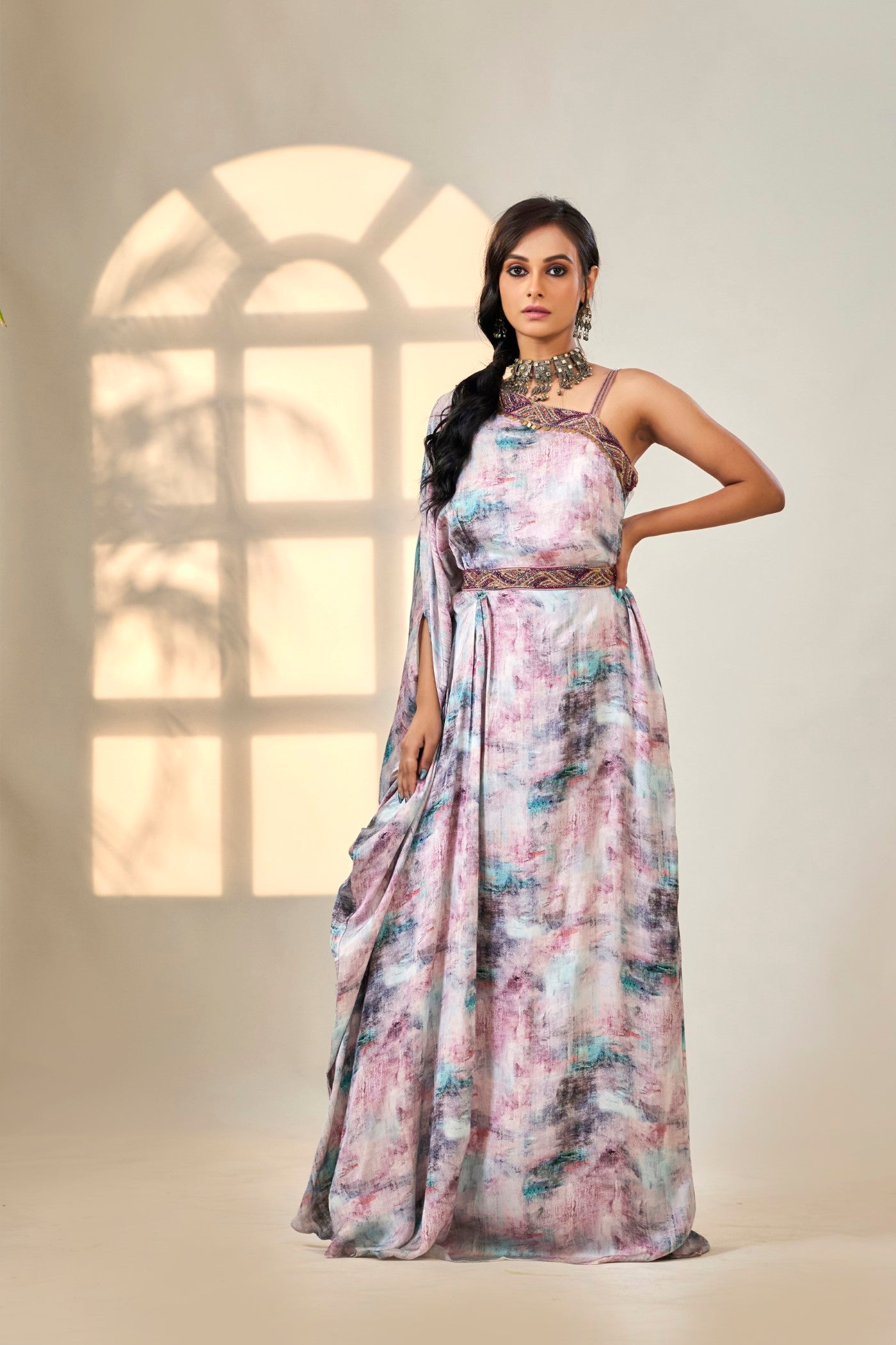 Purple Digital Printed Italian Silk Gown