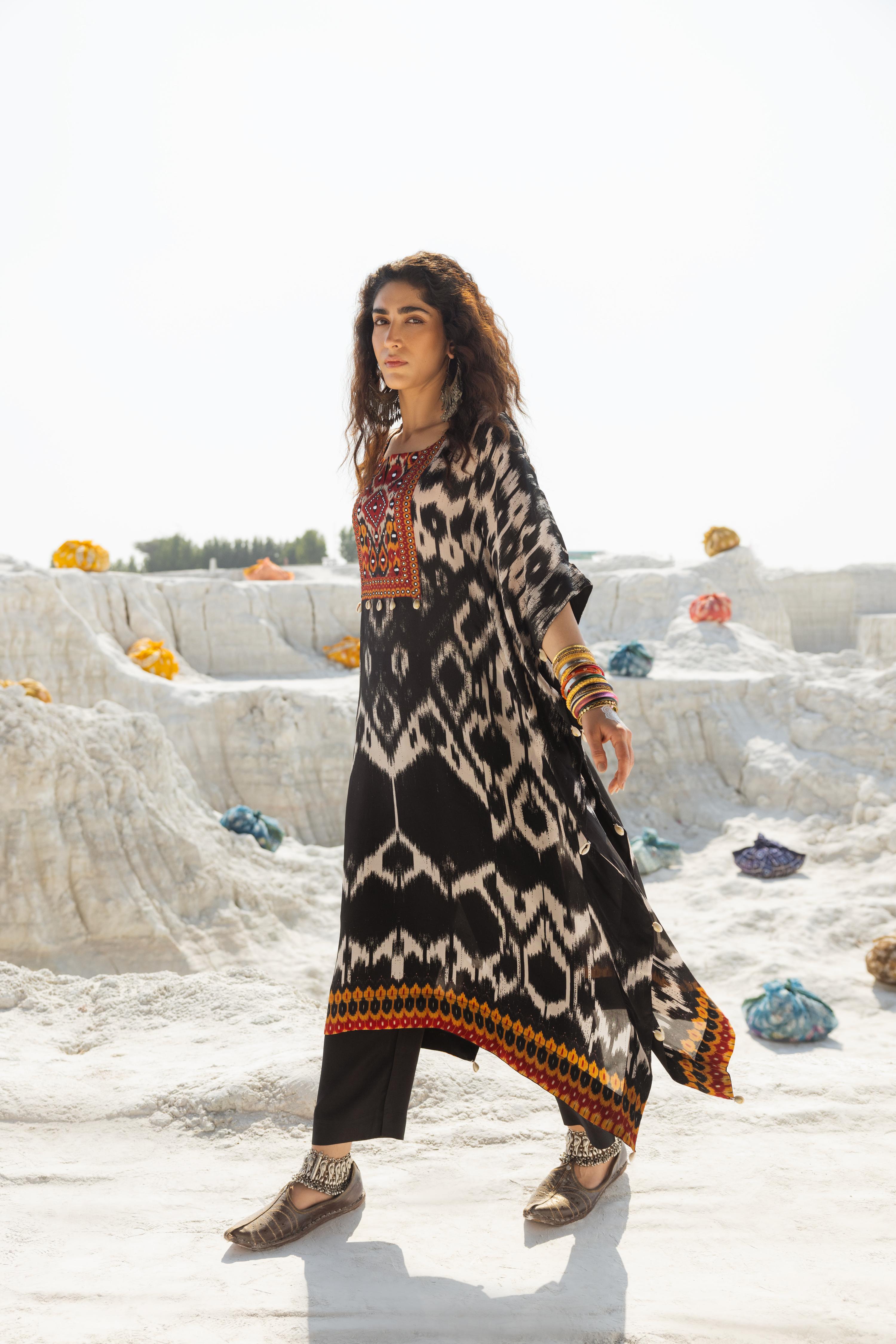 Black & White Ikat Printed Muslin Silk Kaftan Set