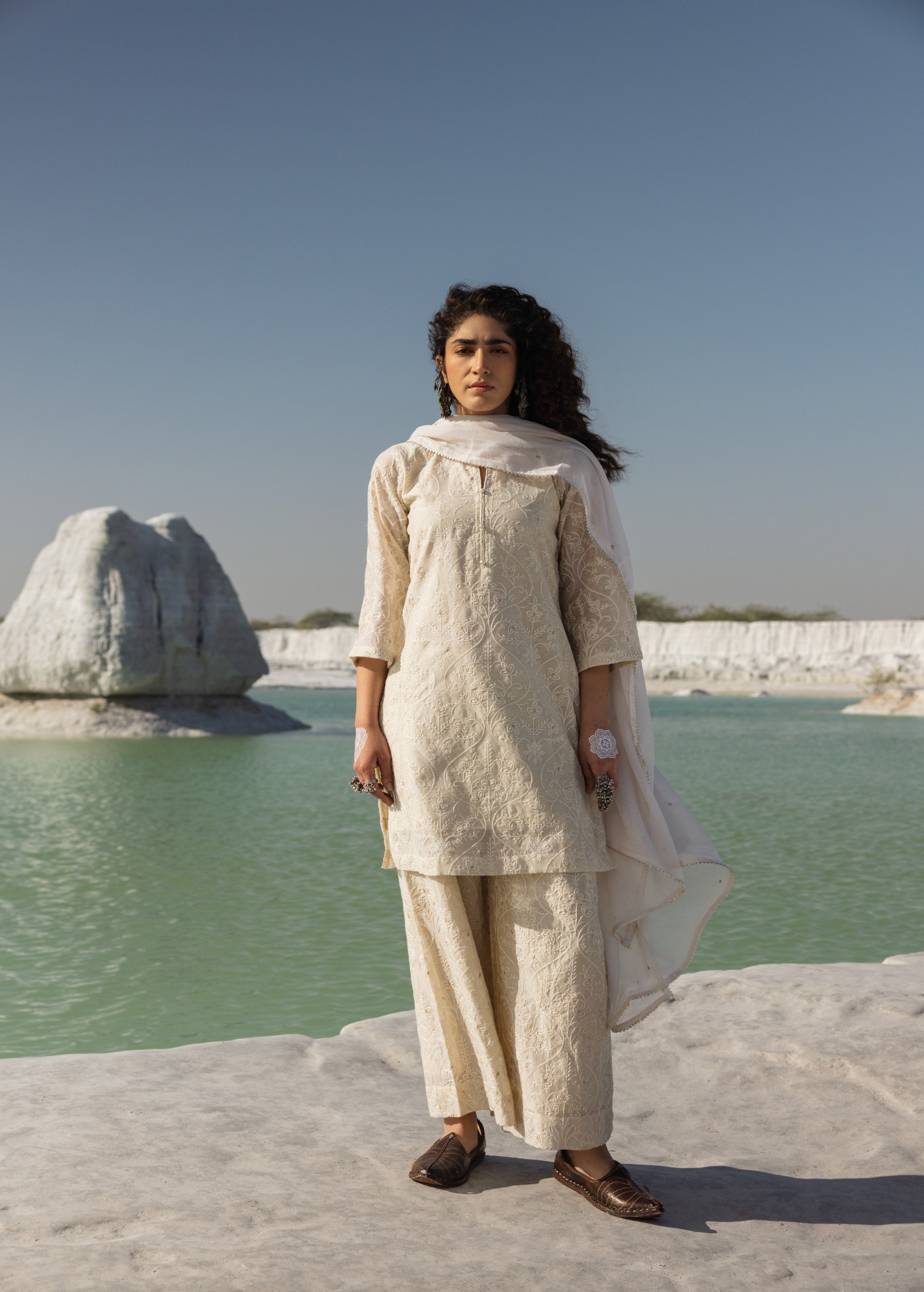 Off-White Embroidered Chanderi Silk Pant Set