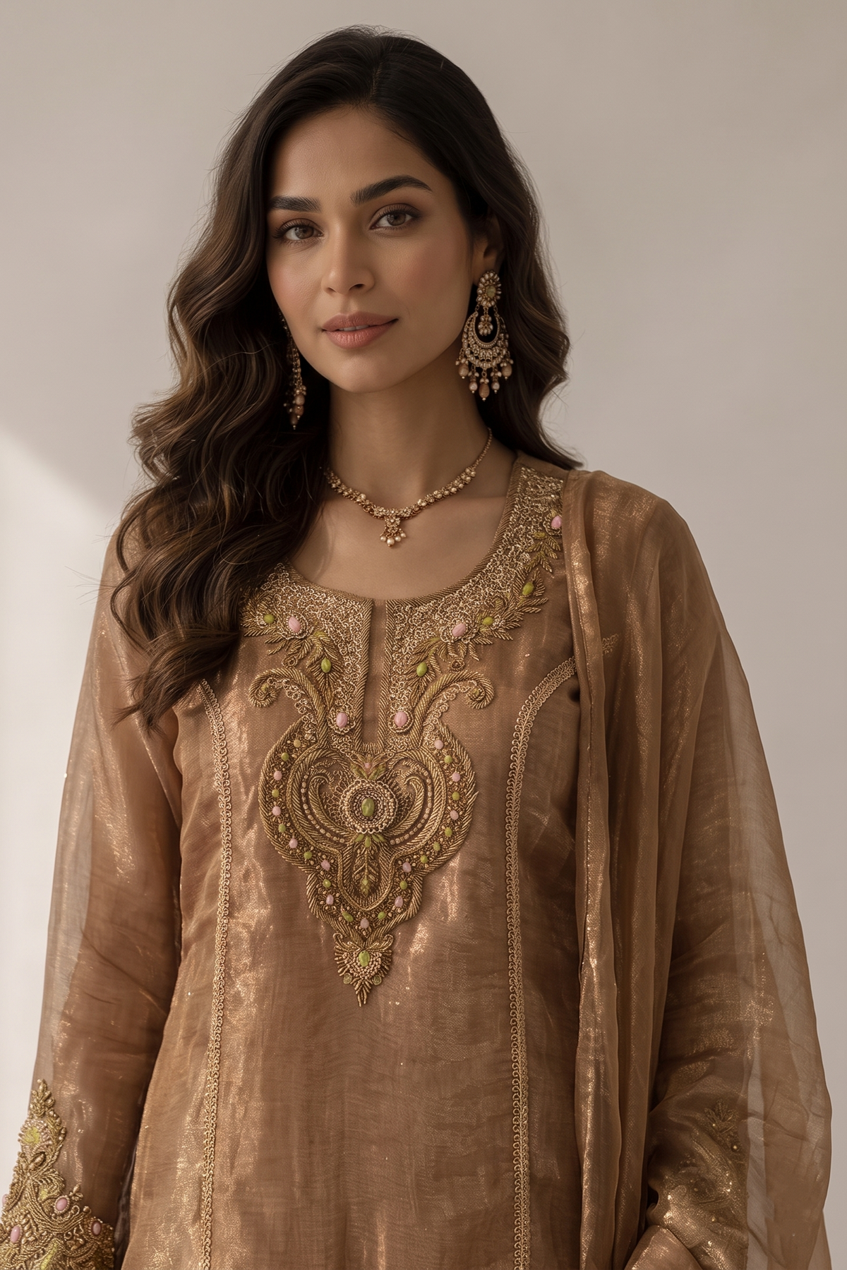 Metallic Brown Embellished Shimmer Silk Pant Set