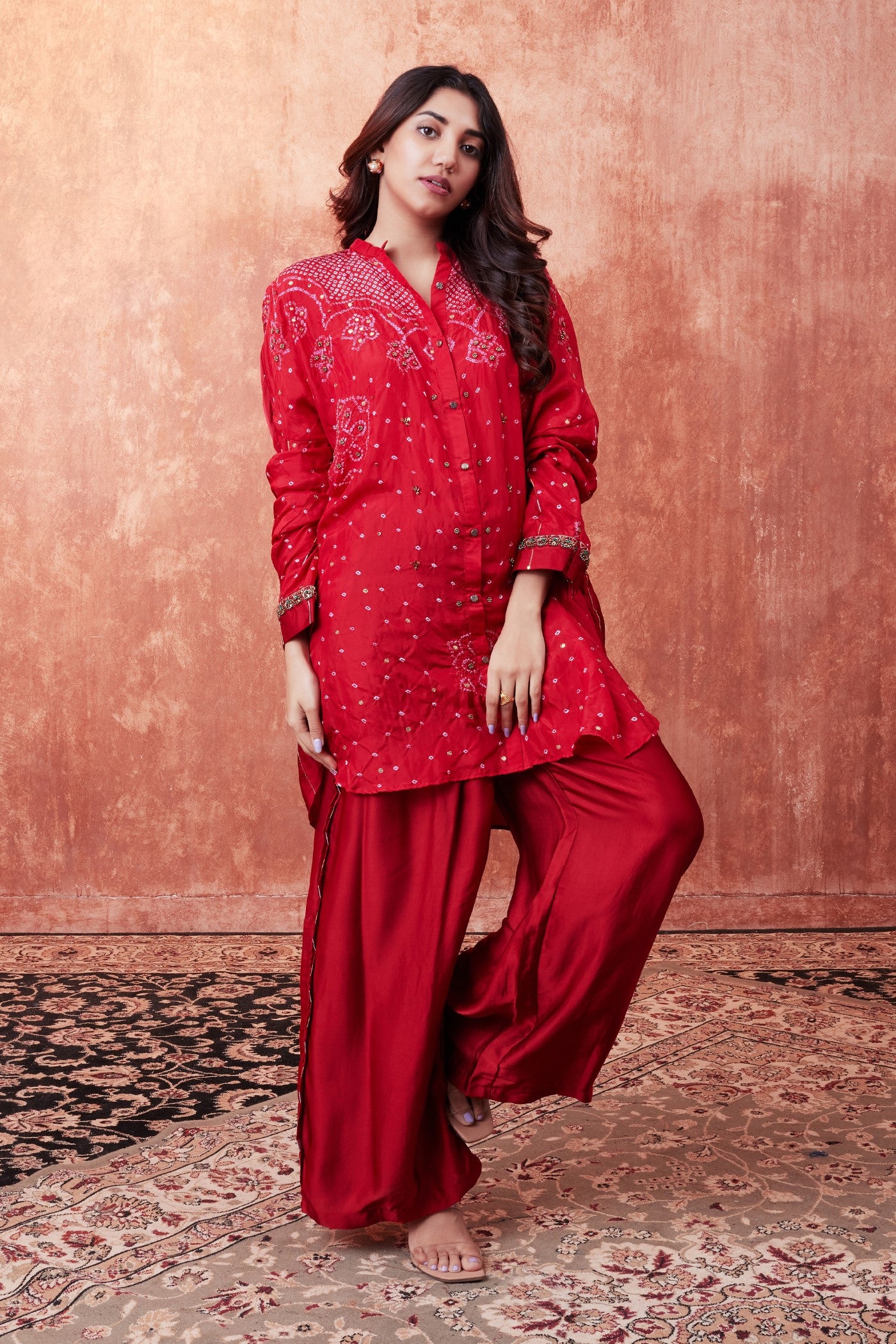 Rose Red Bandhej Printed Embellished Palazzo Set