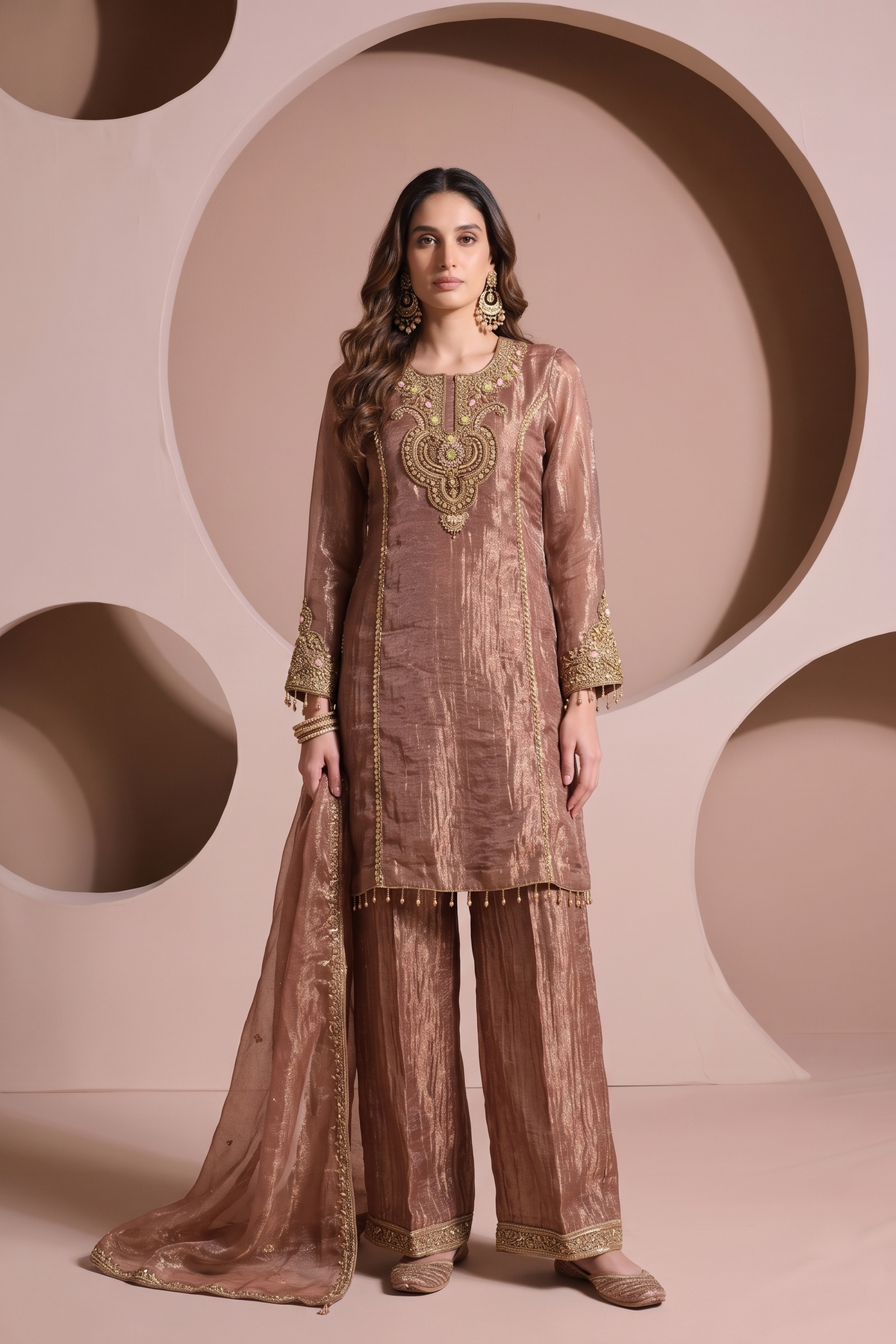 Metallic Rose Gold Embellished Shimmer Silk Pant Set